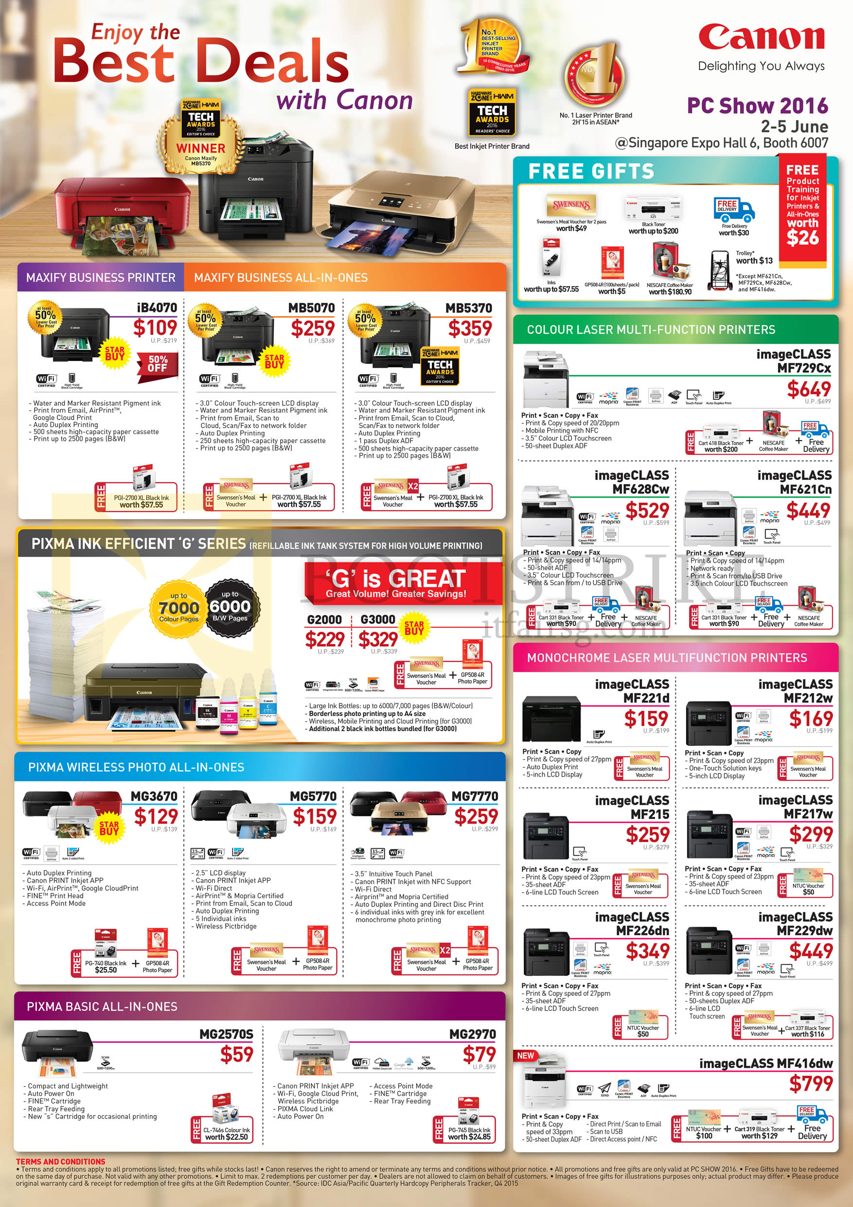 PC SHOW 2016 price list image brochure of Canon Printers Pixma IB4070, MB5070, MB5370, G2000, G3000, MG3670, MG5770, MG7770, MG2570S, MG2970, ImageCLASS MF729Cx, MF628Cw, MF621Cn, MF221d, MF212w