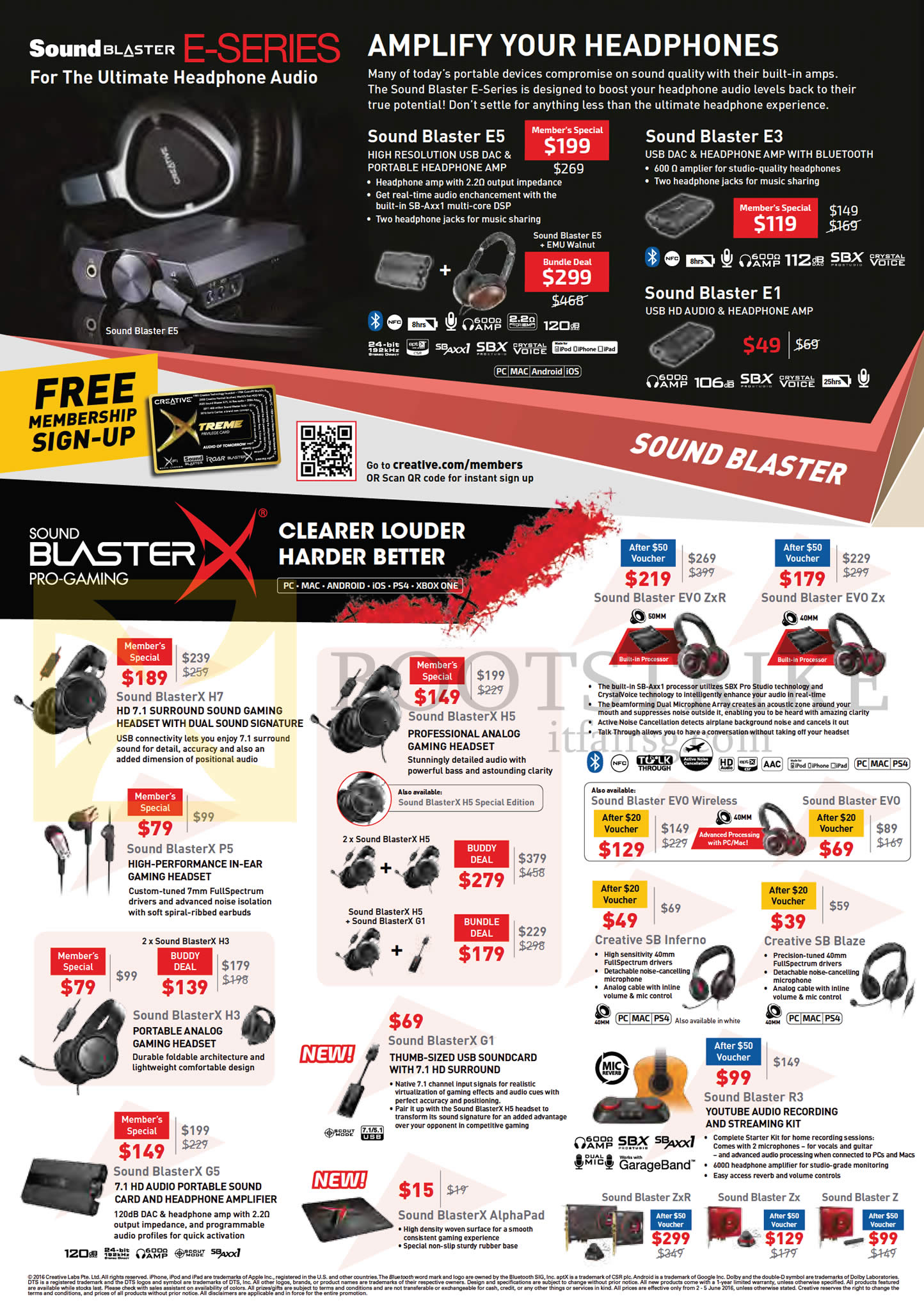 PC SHOW 2016 price list image brochure of Creative Headphones, Earphones, Sound Blaster X H7, H5, P5, H3, G5, G1, AlphaPad, E1, E3, E5, SB Inferno, Blaze, Blaster R3