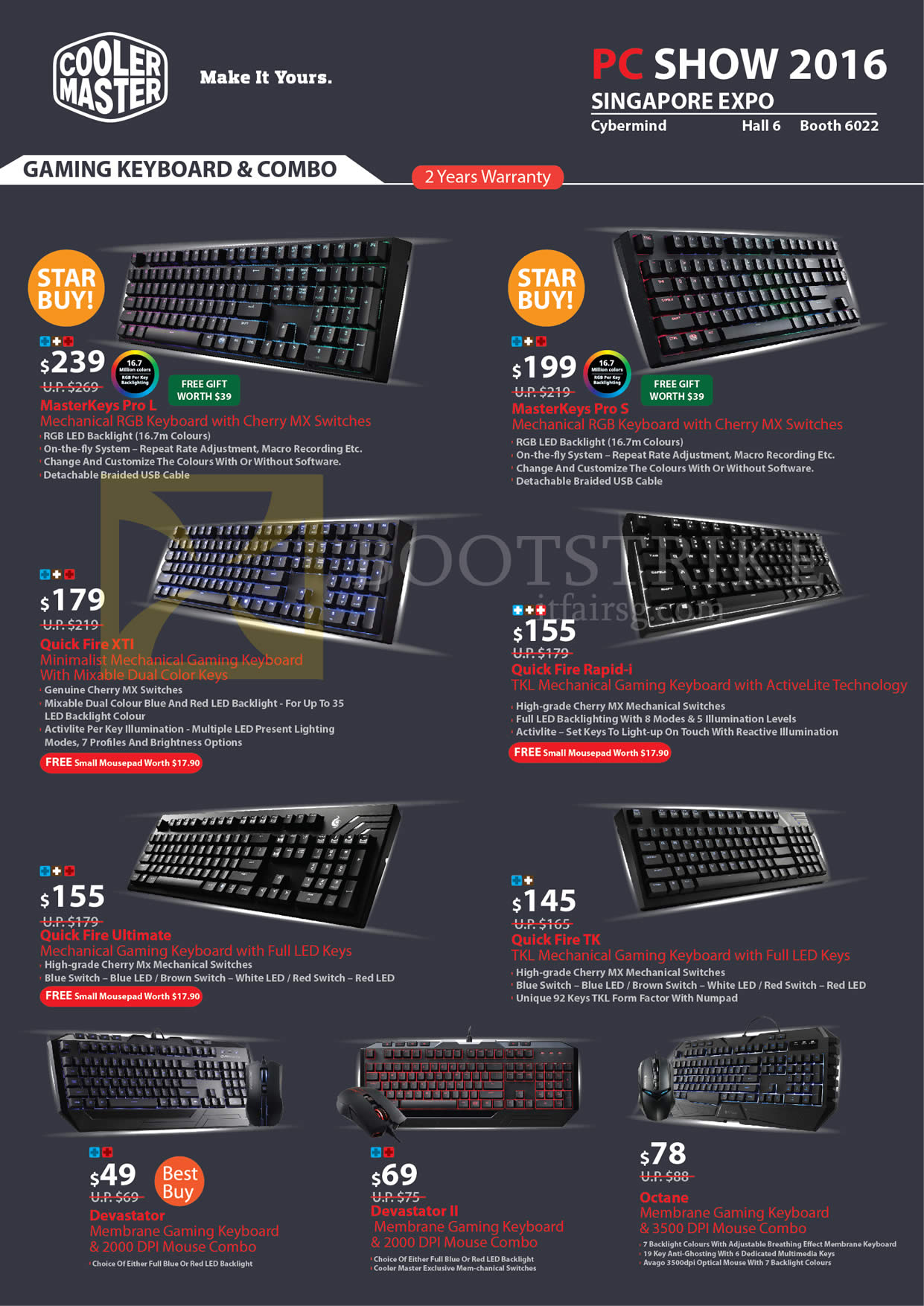 PC SHOW 2016 price list image brochure of Cybermind Cooler Master Mechanical Keyboards, MasterKeys, Quick Fire, Devastator, Octane