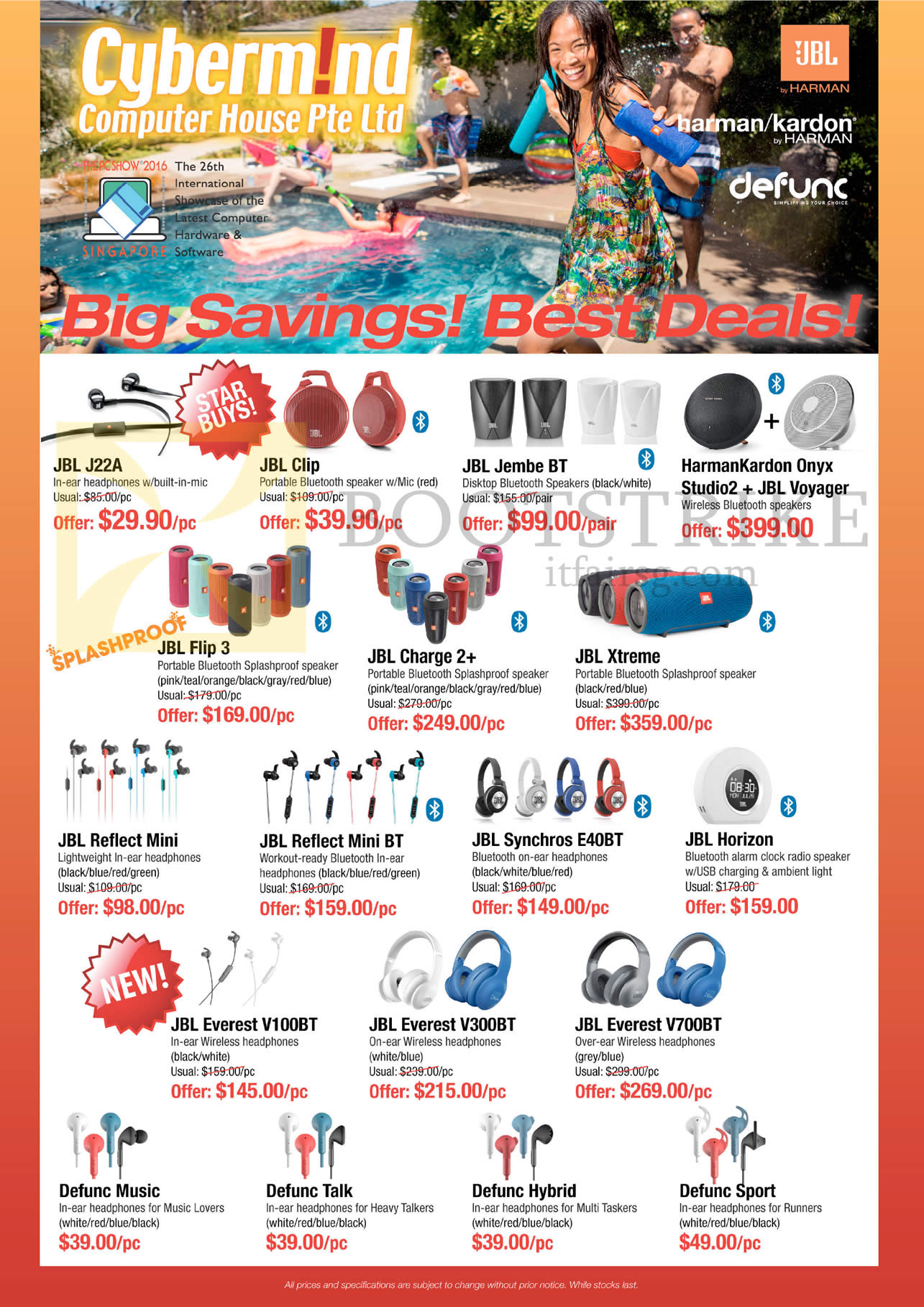 PC SHOW 2016 price list image brochure of Cybermind JBL Earphones, Headphones, Speakers, J22A, Clip, Jembe BT, Flip 3, Charge 2 Plus, Xtreme, Reflect Mini, Mini BT, Synchros E40BT, Horizon, Everest