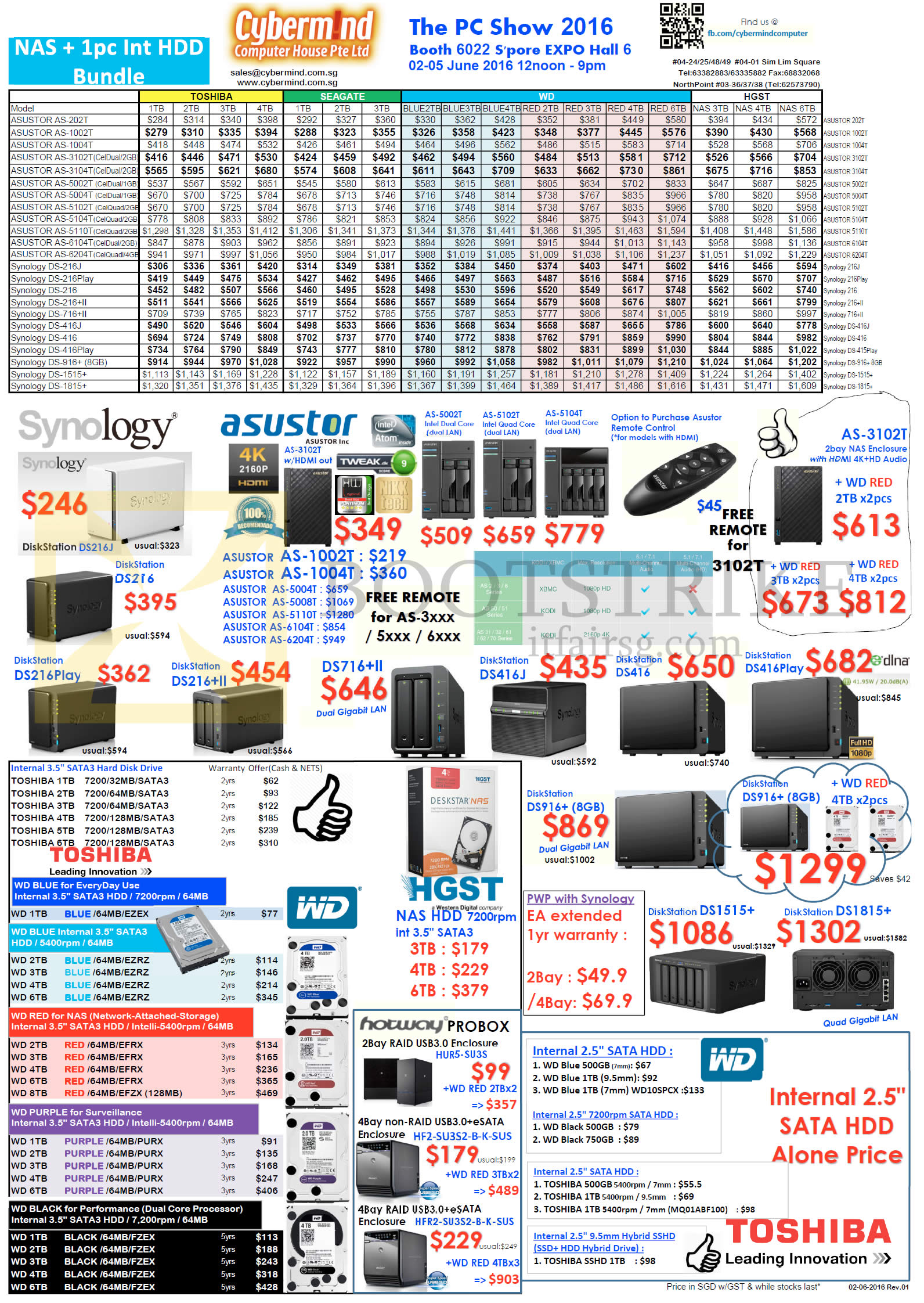 PC SHOW 2016 price list image brochure of Cybermind NAS, Hard Disk Drives, Synology, Asustor, Toshiba, WD, HGST, DS216Play, 216plusII, 716plus II, 416J, 416, 416Play, 916plus, 1515plus, 1815plus