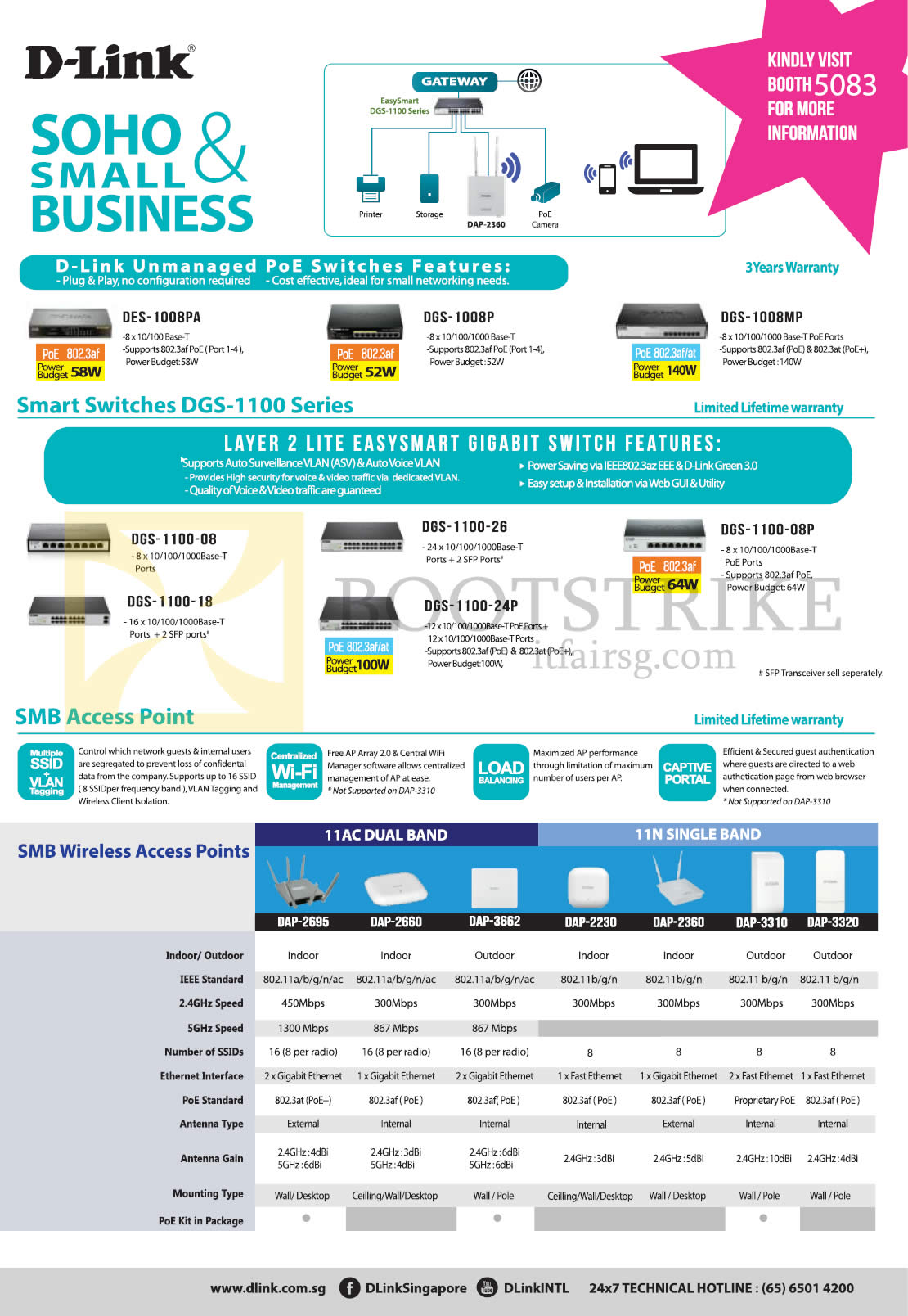 PC SHOW 2016 price list image brochure of D-Link Networking Business Smart Switches, Wireless Access Points, DES-1008PA, DGS-1008P, 1008MP, 1100-08, 26, 08P, 18, 24P, DAP-2695, 2660, 3662, 2230