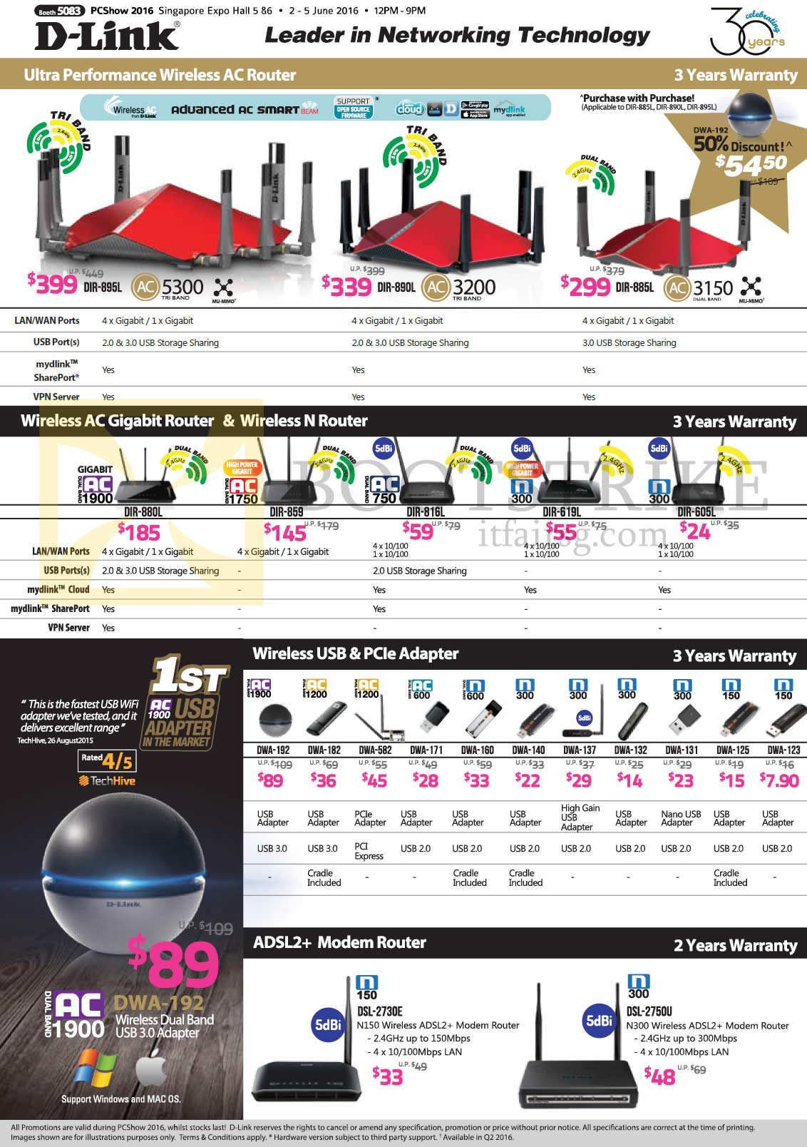 PC SHOW 2016 price list image brochure of D-Link Networking Wireless AC Router, USB, PCIe Adapter, Modem Router, DIR-895L, 890L, 885L, 880L, 859, 816L, 619L, 605L, DWA-192, 182, 582, 171, 160, 140, 137, 132, 131, 125, 123