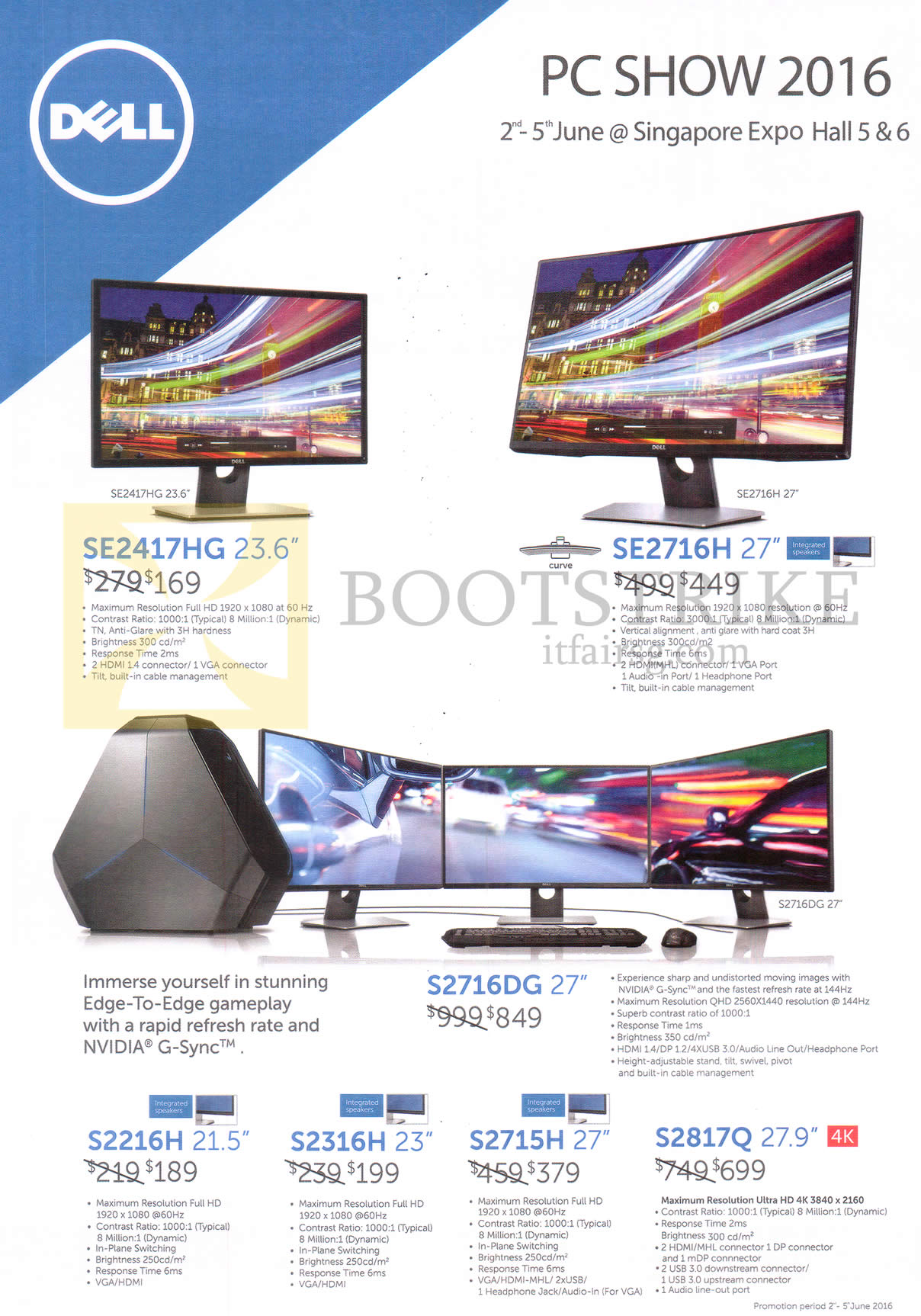 PC SHOW 2016 price list image brochure of Dell Monitors SE2417HG, SE2716H, S2716DG, S2216H, S2316H, S2715H, S2817Q