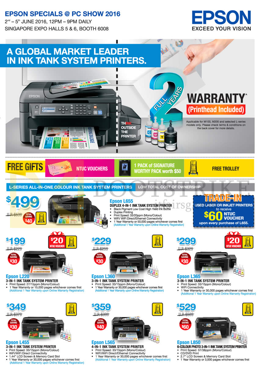 PC SHOW 2016 price list image brochure of Epson Printers L655, L220, L360, L365, L455, L565, L850