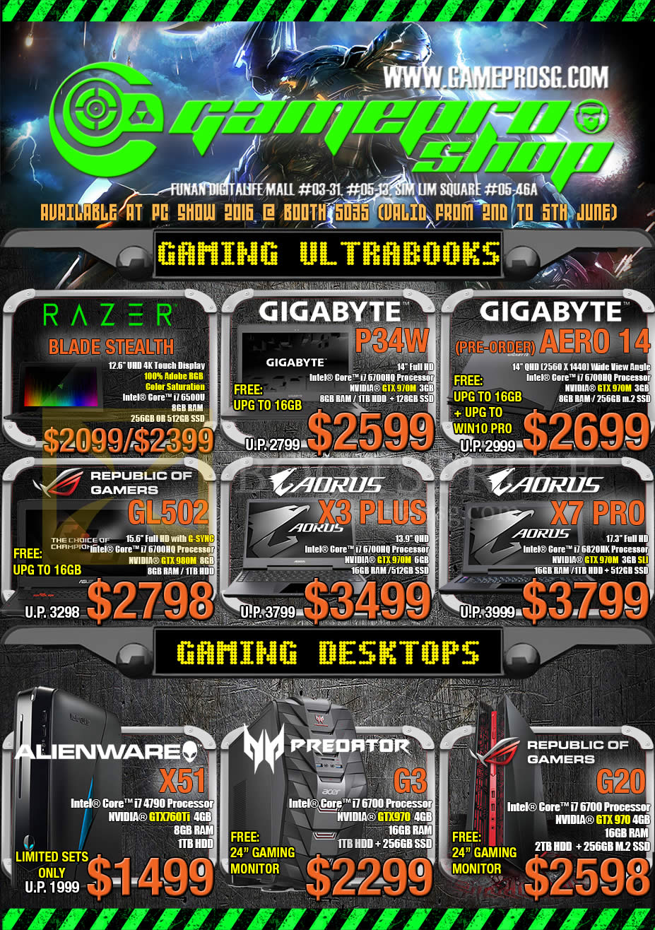 PC SHOW 2016 price list image brochure of Gamepro Notebooks, Desktop PCs Razer Blade Stealth, Gigabyte P34W, Aero 14, ASUS ROG GL502, AORUS X3 Plus, X7 Pro, Alienware X51, Predator G3, ROG G20