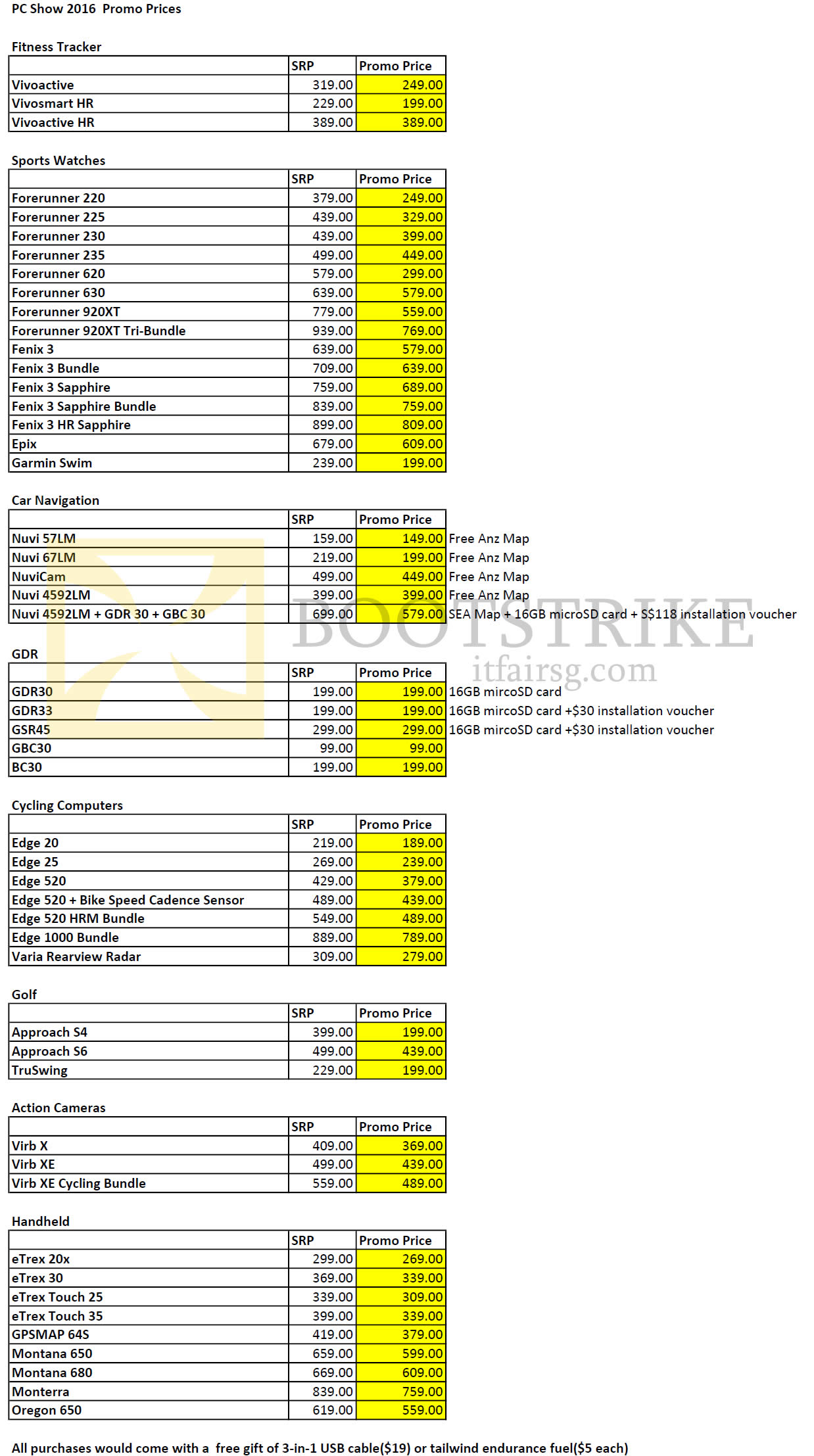 PC SHOW 2016 price list image brochure of Garmin GPS Fitness Tracker, Sports Watches, Car Navigation, GDR, Cycling Computers, Golf, Action Cameras, Handheld