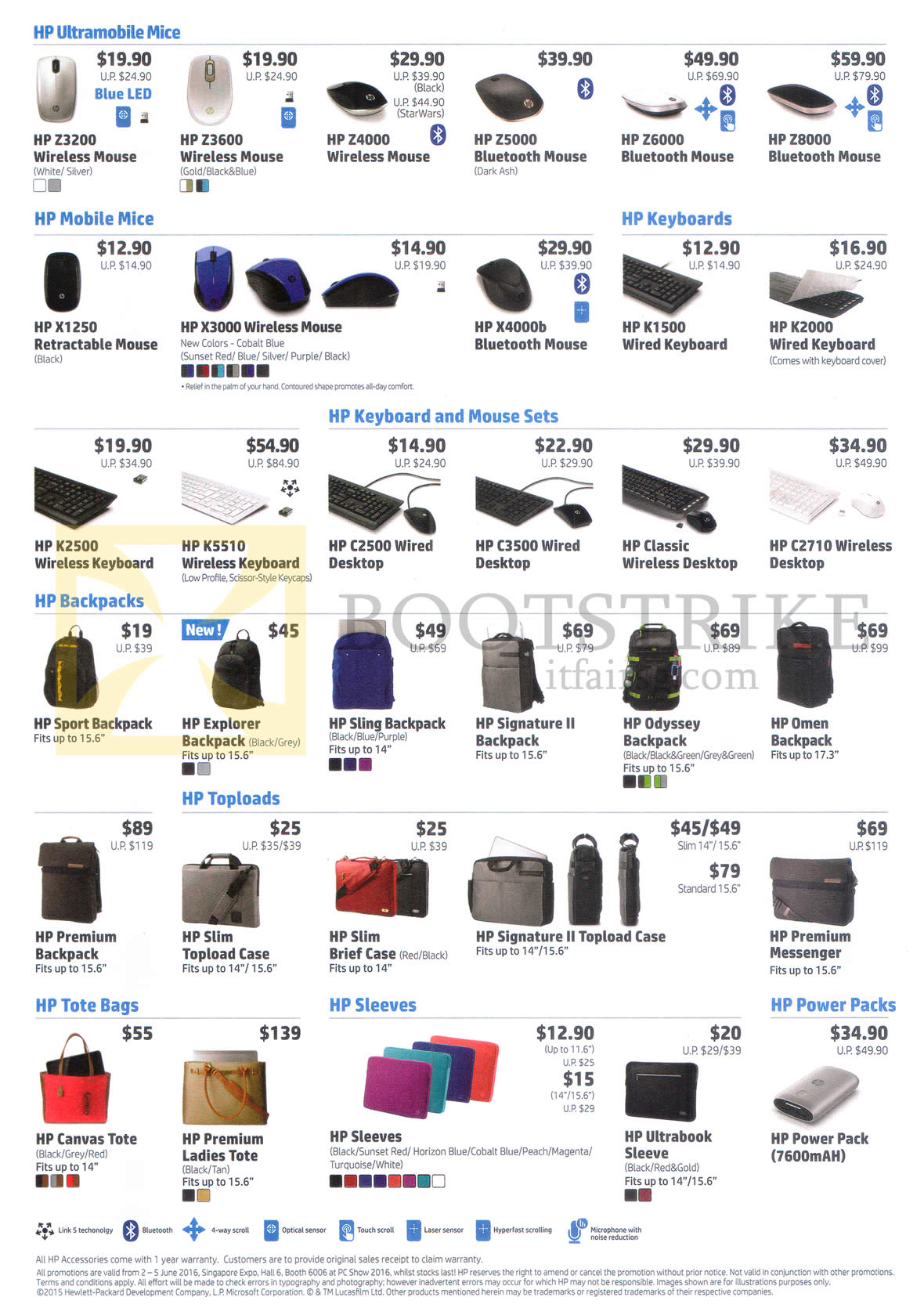 PC SHOW 2016 price list image brochure of HP Accessories Mouse, Keyboards, Backpacks, Toploads, Totebags, Sleeves, Power Packs