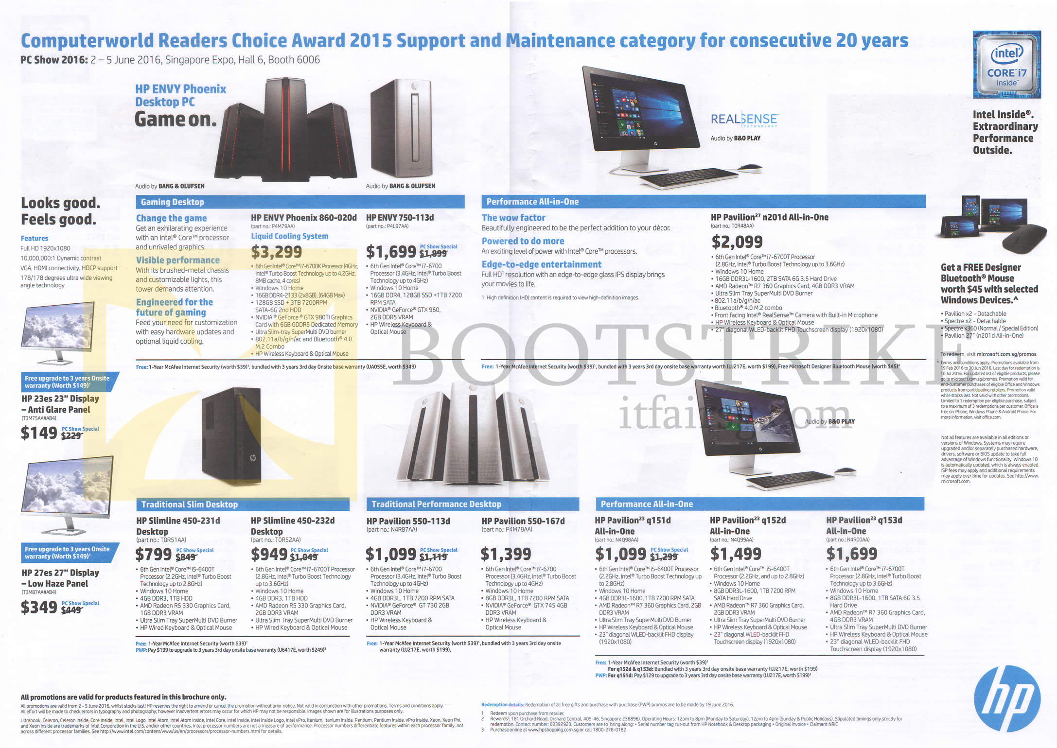 PC SHOW 2016 price list image brochure of HP Monitors, Desktop PCs Envy Phoenix 860-020d, 750-113d, Slimline 450-231d, 232d, Pavilion 550-113d, 167d, Q151d, Q152d, Q153d, N201, 23es, 27es