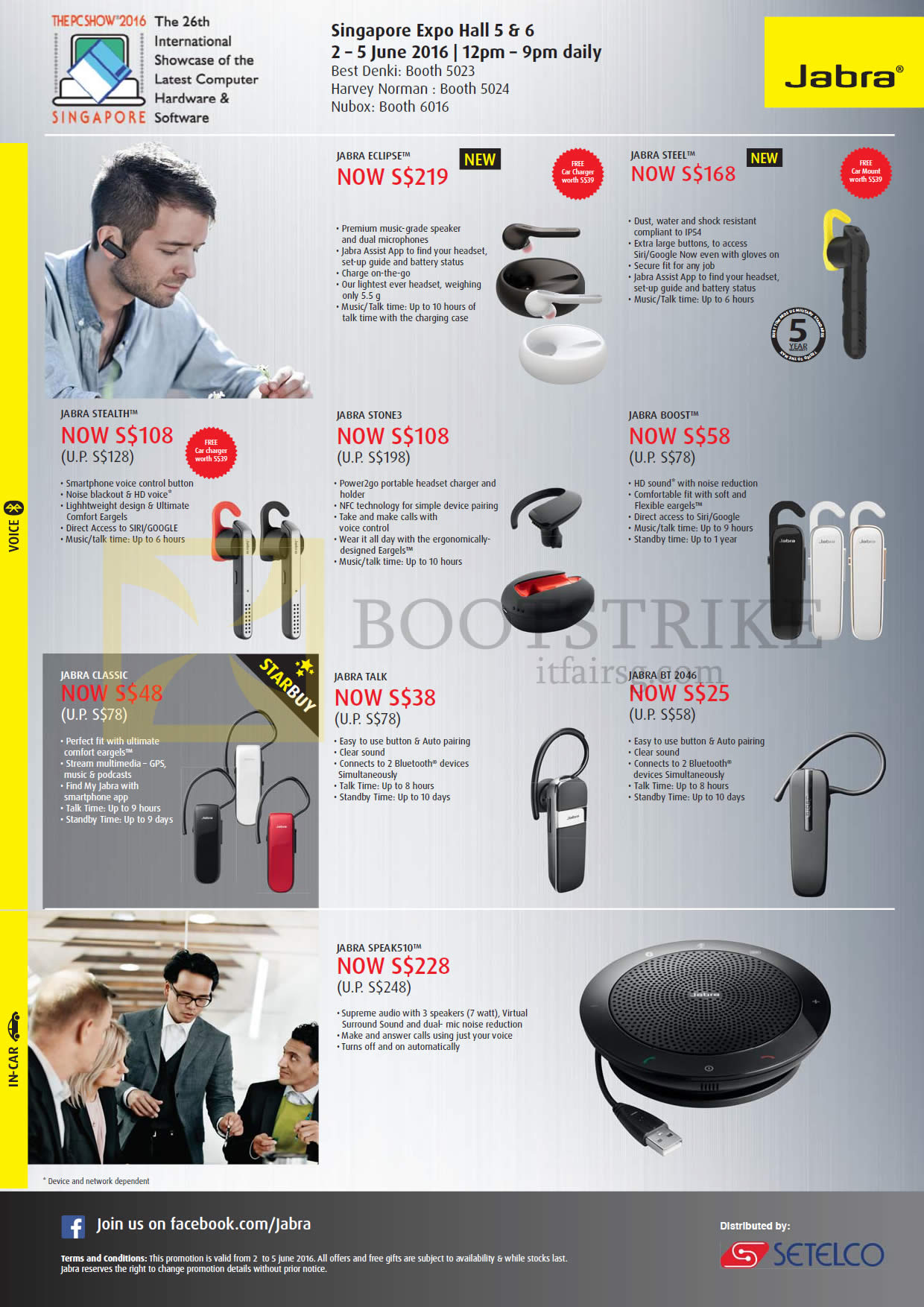 PC SHOW 2016 price list image brochure of Jabra Bluetooth Headsets Eclipse, Steel, Stealth, Stone3, Boost, Classic, Talk, Bt 2046, Speak510 Speakers