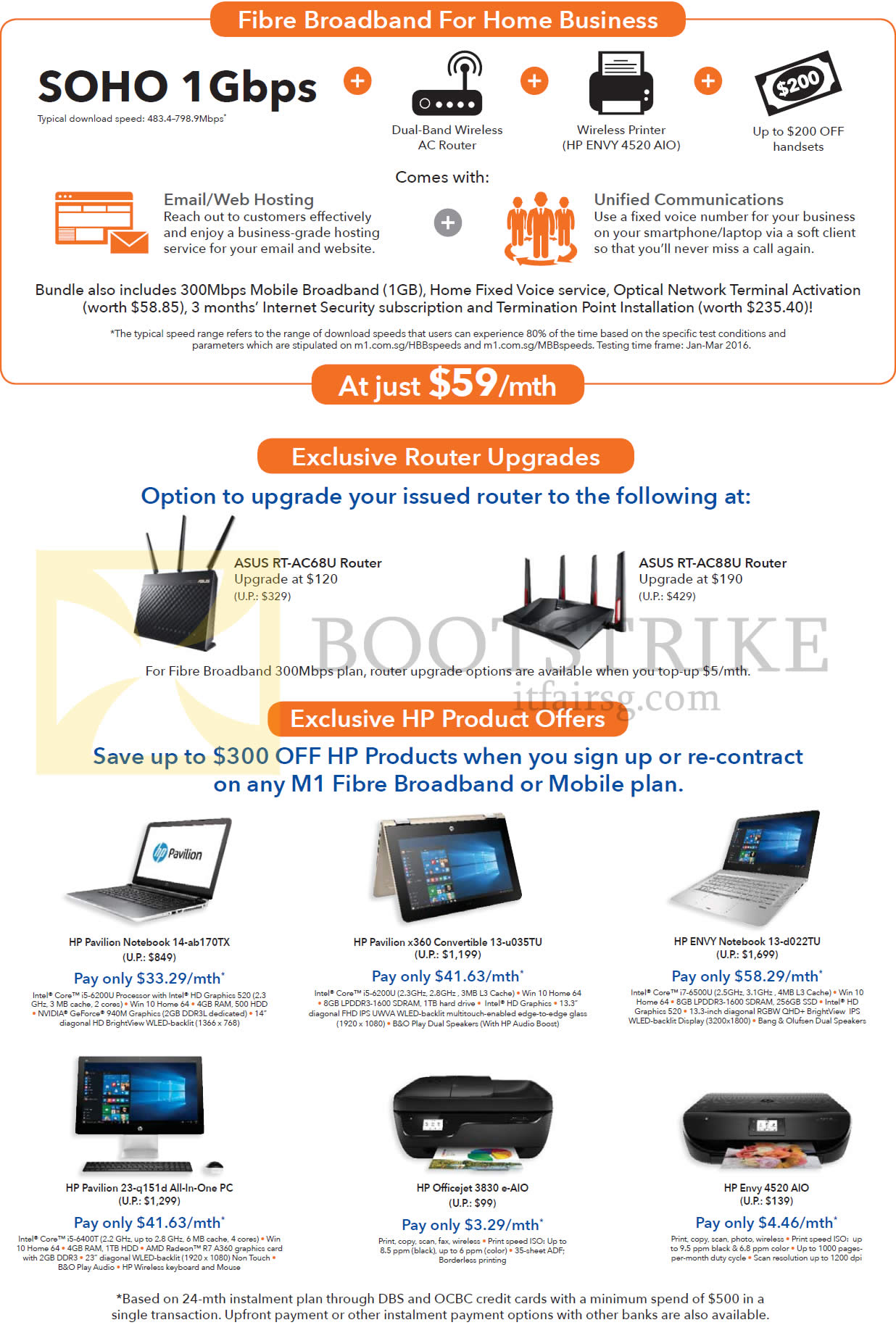 PC SHOW 2016 price list image brochure of M1 Fibre Broadband For Home Business, Router Upgrades, HP Products, SOHO 1Gbps, Asus RT-AC68U, RT-AC88U Routers, HP Pavilion 14-ab170TX, Envy 13-d022TU Notebook