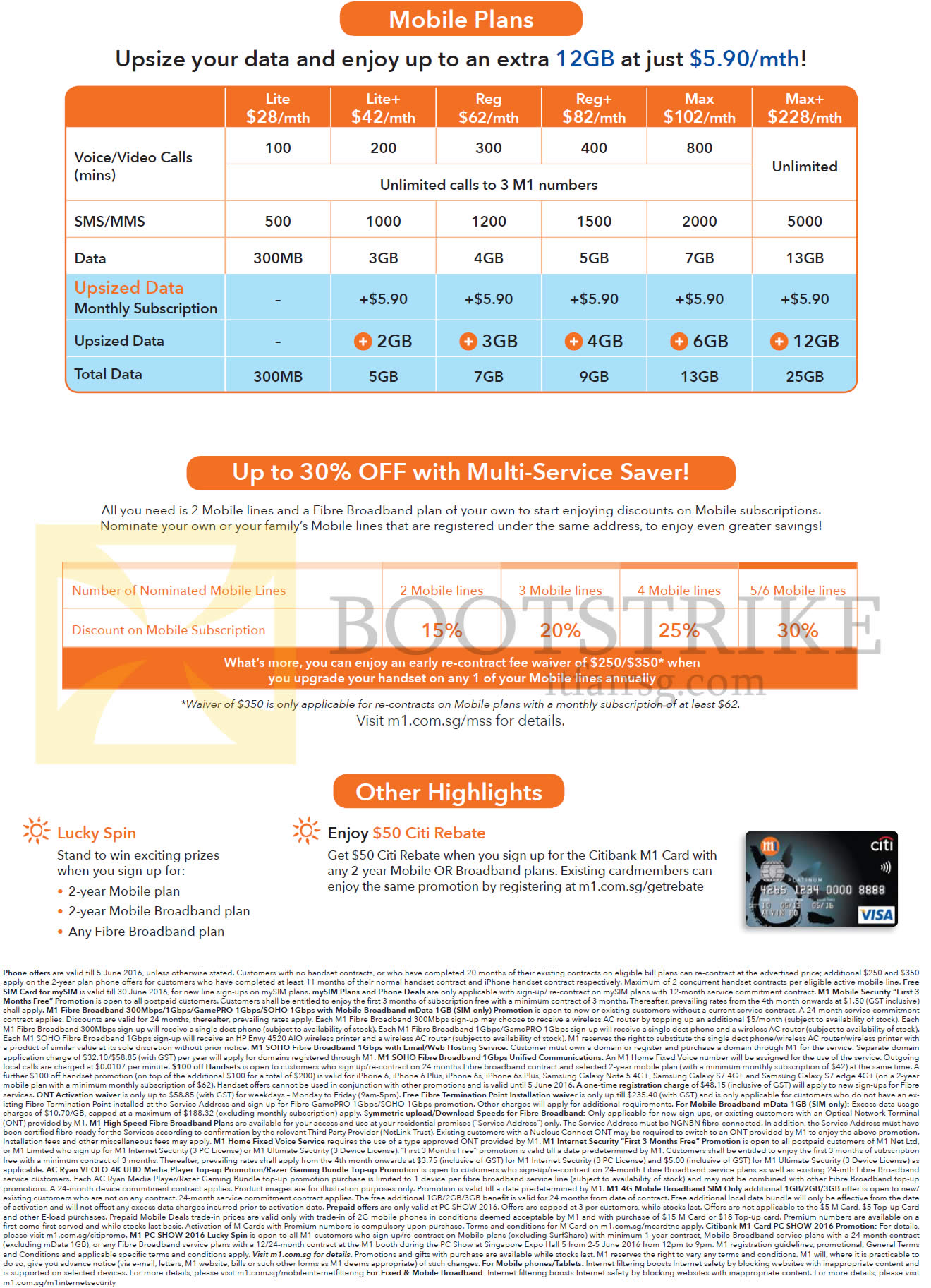 PC SHOW 2016 price list image brochure of M1 Mobile Plans, Multi-Service Saver, Other Highlights, Lite, Plus, Reg, Plus, Max, Plus, Lucky Spin, 50 Dollar Citi Rebate