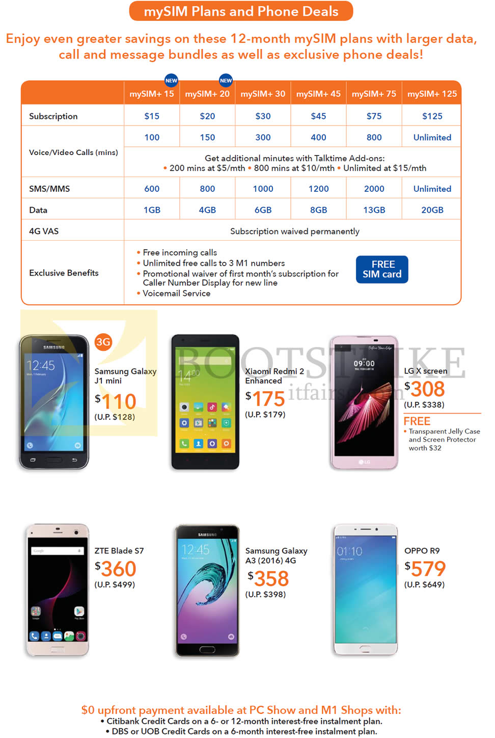 PC SHOW 2016 price list image brochure of M1 Mobile MySIM Plans, Phone Deals, MySIM Plus 15, Samsung Galaxy J1 Mini, A3 2016 4G, Xiaomi Redmi 2 Enhanced, LG X Screen, ZTE Blade S7, Oppo R9