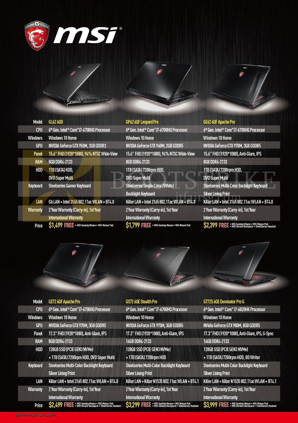 PC SHOW 2016 price list image brochure of MSI Notebooks GL62 6QD, GP62 6QF Leopard Pro, GE62 6QF Apache Pro, GE72 6QF Apache Pro, GS72 6QE Stealth Pro, GT72S 6QE Dominator Pro G