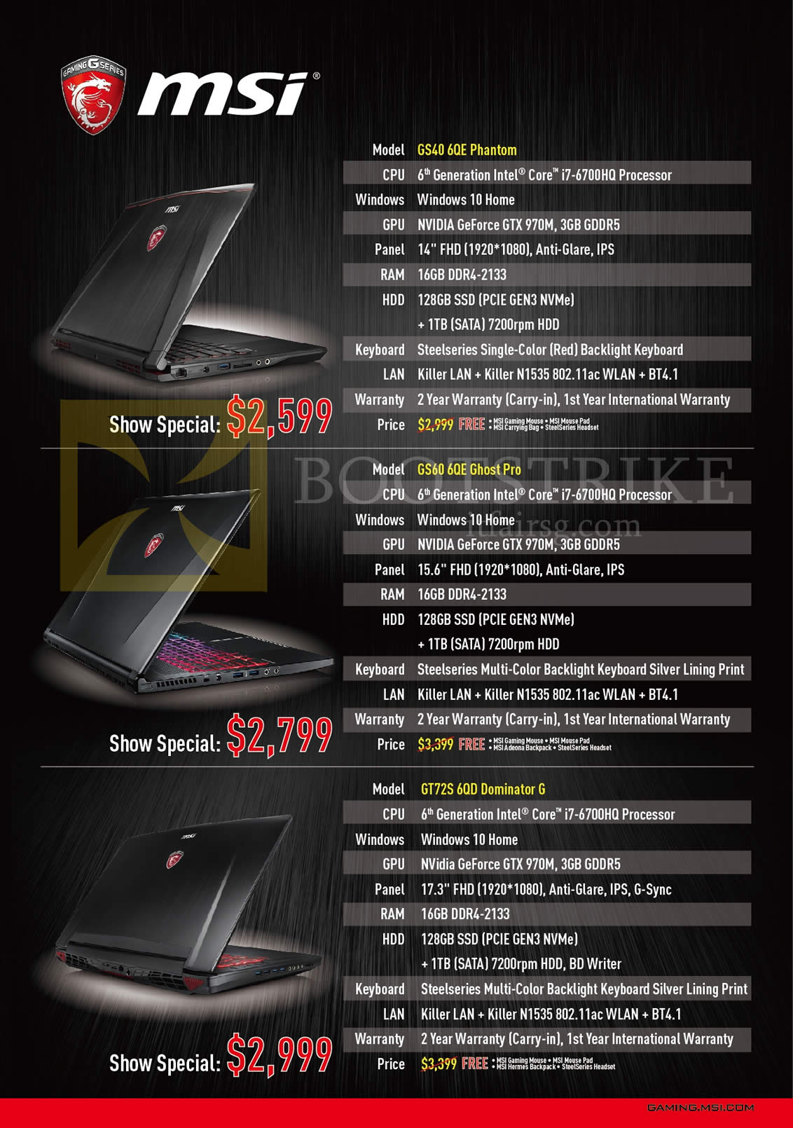 PC SHOW 2016 price list image brochure of MSI Notebooks GS40 6QE Phantom, GS60 6QE Ghost Pro, GT72S 6QD Dominator G