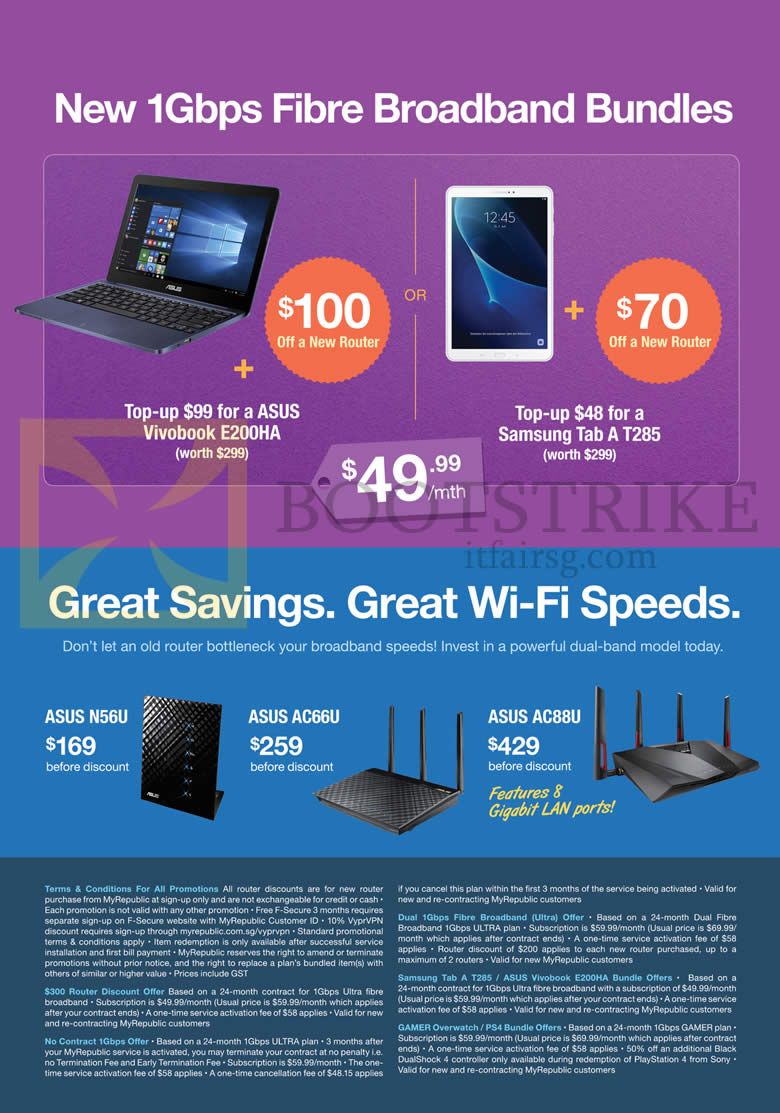 PC SHOW 2016 price list image brochure of MyRepublic Fibre Broadband 1Gbps Bundles Asus Vivobook E200HA, Samsung Tab A T285, Asus N56U, AC66U, AC88U Router