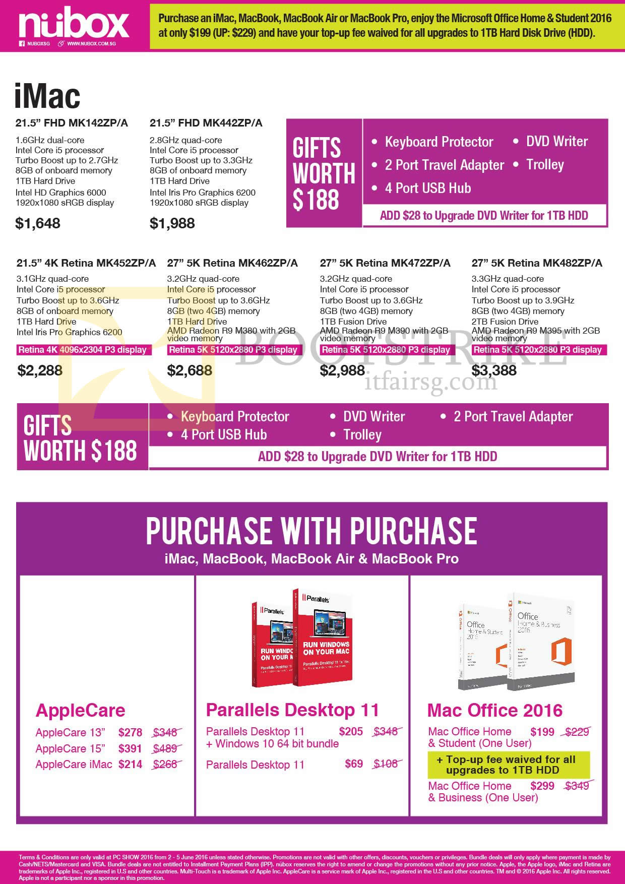 PC SHOW 2016 price list image brochure of Nubox Apple IMac Desktop PC, Purchase With Purchase Parallels, Office