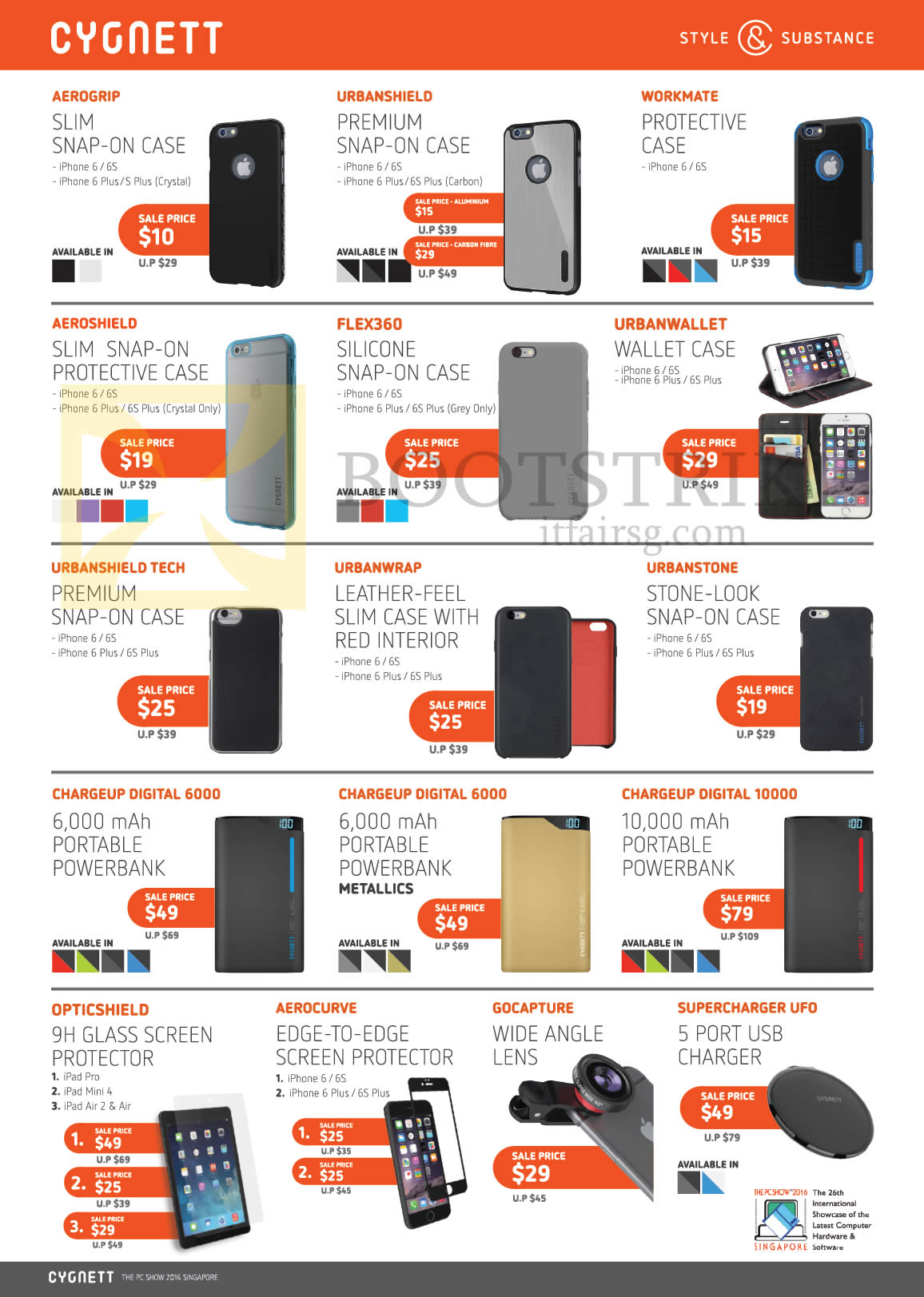 PC SHOW 2016 price list image brochure of Nubox Cygnett Cases, Protectors, Lenses, USB Charger, Aerogrip, Urbanshield, Workmate, Flex360, Urbanwrap, Chargeup Digital 6000, Opticshield, Gocapture, Supercharger UFO