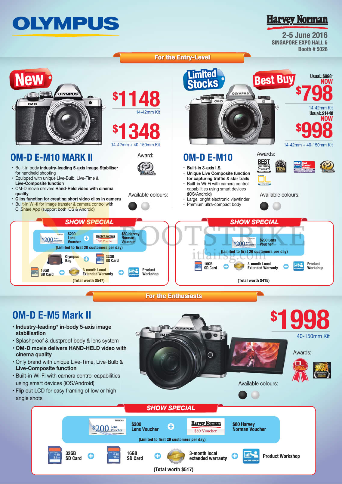 PC SHOW 2016 price list image brochure of Olympus Digital Cameras OM-D E-M10 Mark II, OM-D E-M10, OM-D E-M5 Mark II