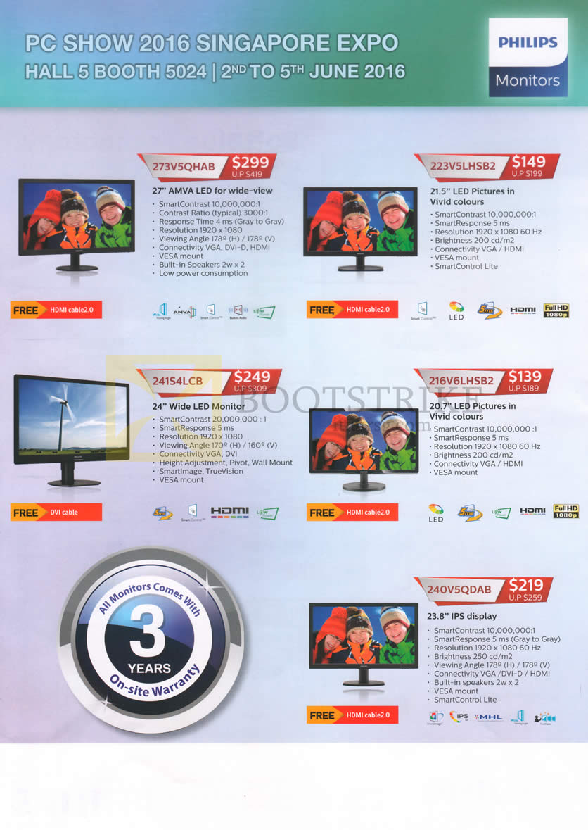 PC SHOW 2016 price list image brochure of Philips Monitors LED 273V5QHAB, 223V5LHSB2, 241S4LCB, 216V6LHSB2, 240V5QDAB