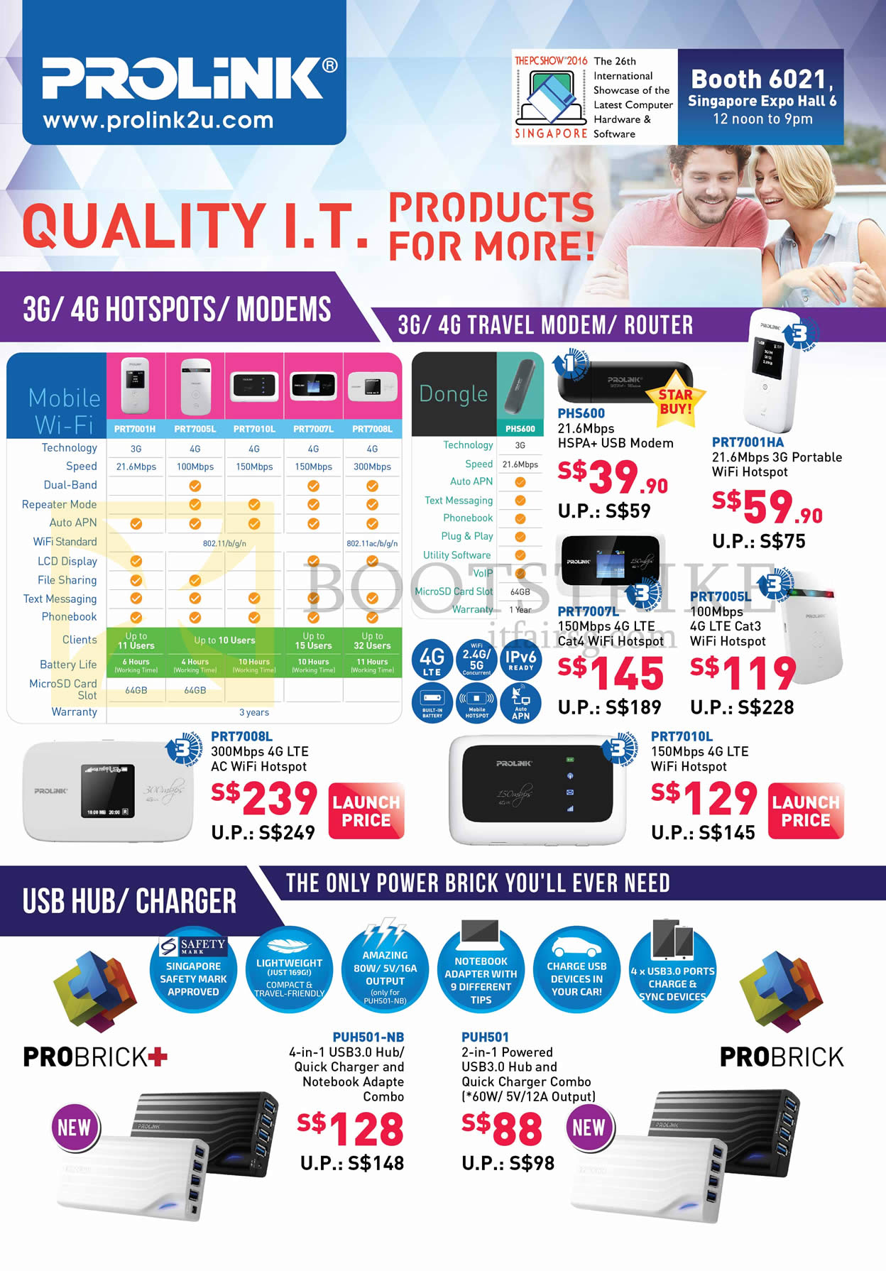 PC SHOW 2016 price list image brochure of Prolink 3G, 4G Hotspots, Modems, USB Hubs, Charger, Travel Modem, Router, PHS600, PRT7001HA, 7007L, 7005L, 7010L, PUH501-NB, 501