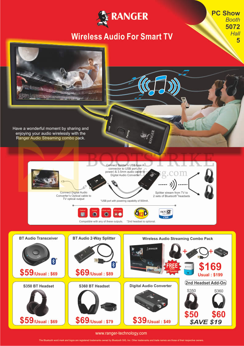 PC SHOW 2016 price list image brochure of Ranger Wireless Audio BT Audio Transceiver, 2 Way Splitter, Audio Streaming Combo Pack, S350, S360 BT Headset, Digital Audio Converter