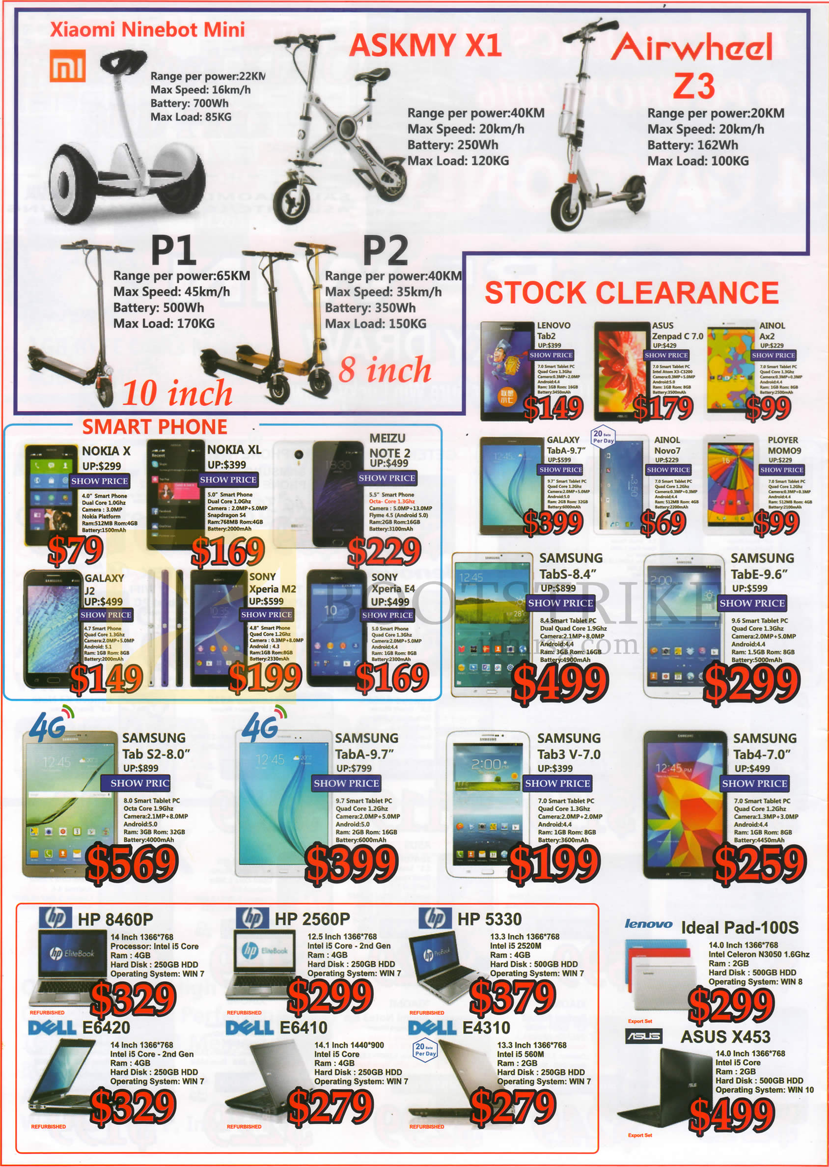 PC SHOW 2016 price list image brochure of SGVideoPro E-Scooters Smartphones Tablets Notebooks Xiaomi, ASKMY, Airwheel, P1, P2, Lenovo, Asus, Ainol, Galaxy, Ployer, Samsung, Meizu, Sony, Nokia, Dell, HP