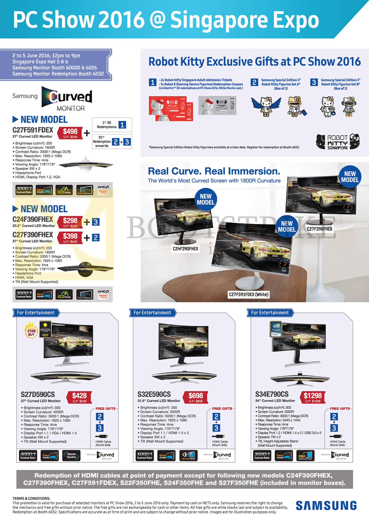 PC SHOW 2016 price list image brochure of Samsung Monitors, Hello Robot Kitty Gifts, C27F591FDEX, C24F390FHEX, C27F390FHEX, S27D590CS, S32E590CS, S34E790CS