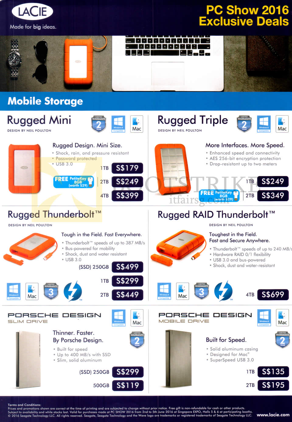 PC SHOW 2016 price list image brochure of Seagate Lacie Mobile Storage Rugged Mini, Triple, Thunderbolt, RAID Thunderbolt, Porsche Design Slim, Mobile Drive