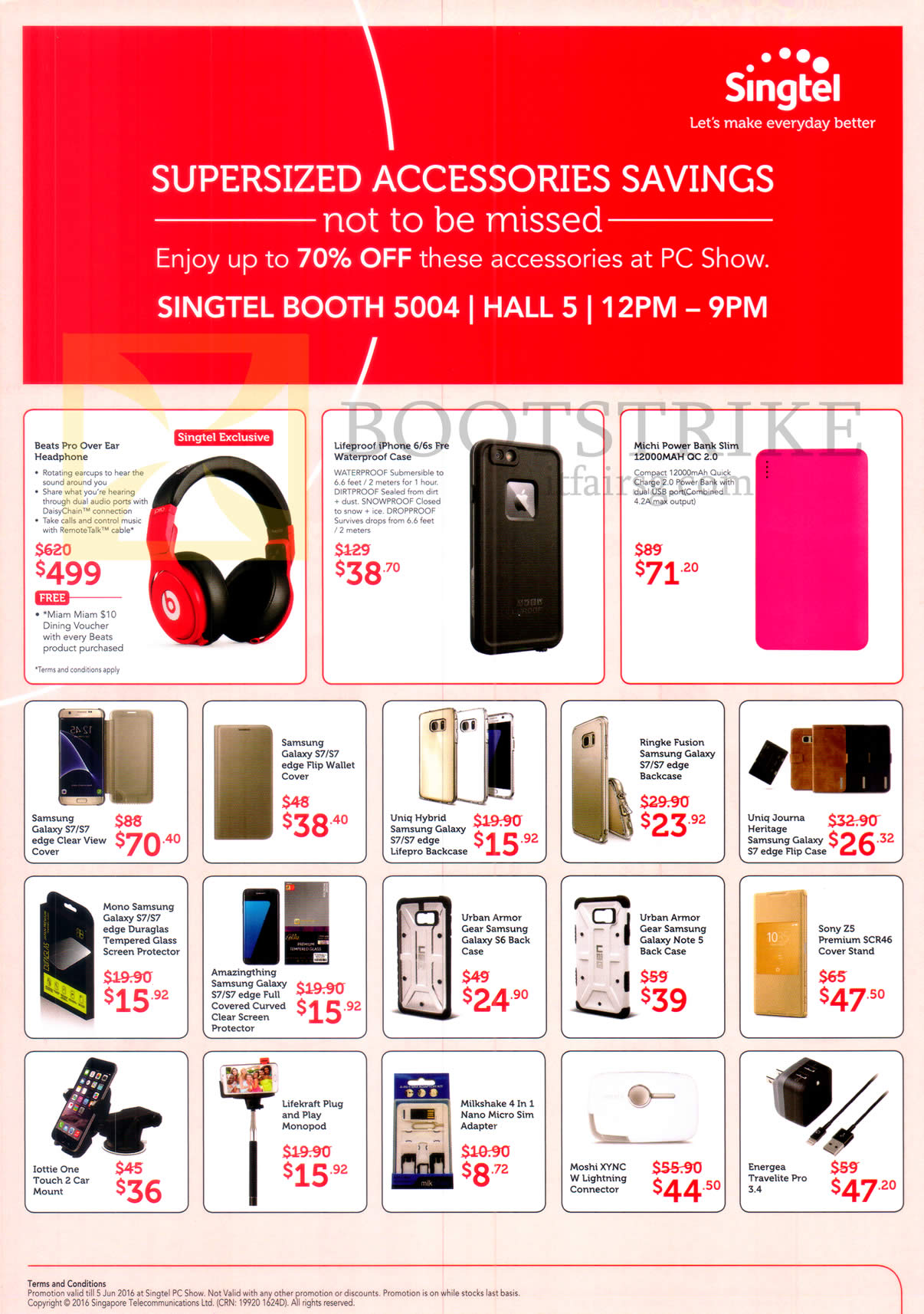 PC SHOW 2016 price list image brochure of Singtel Mobile Phone Accessories Beats Pro Over Ear, Lifgeprood, Michi Powerbank, Clear View Cover, Back Case, Flip Case, Screen Protector, Sim Adapter