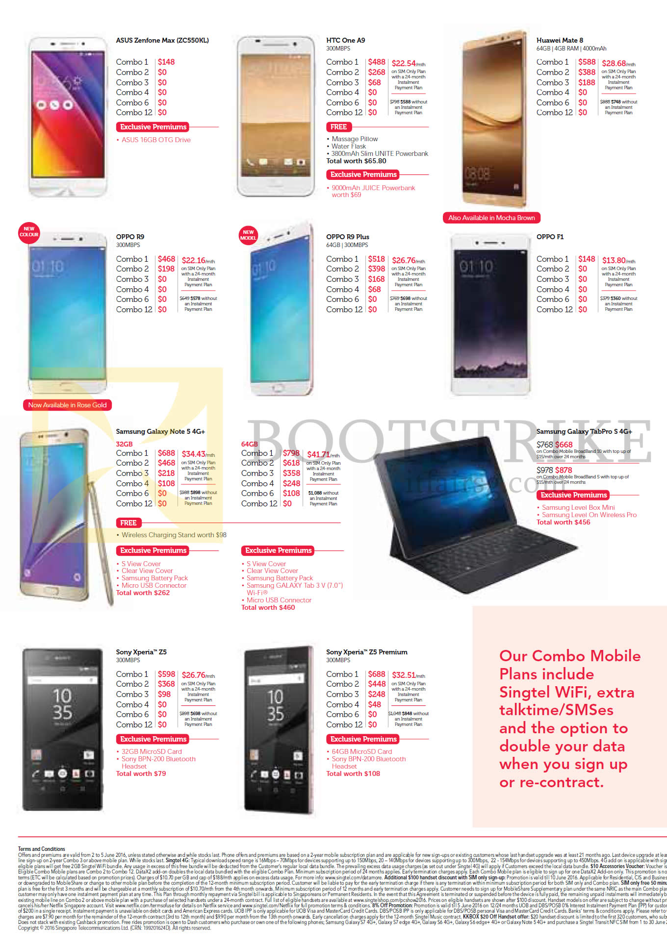 PC SHOW 2016 price list image brochure of Singtel Mobile Phones Asus Zenfone Max ZC550KL, HTC One A9, Huawei Mate 8, Oppo R9, R9 Plus, F1, Samsung Galaxy Note 5, TabPro S, Sony Xperia Z5, Z5 Premium