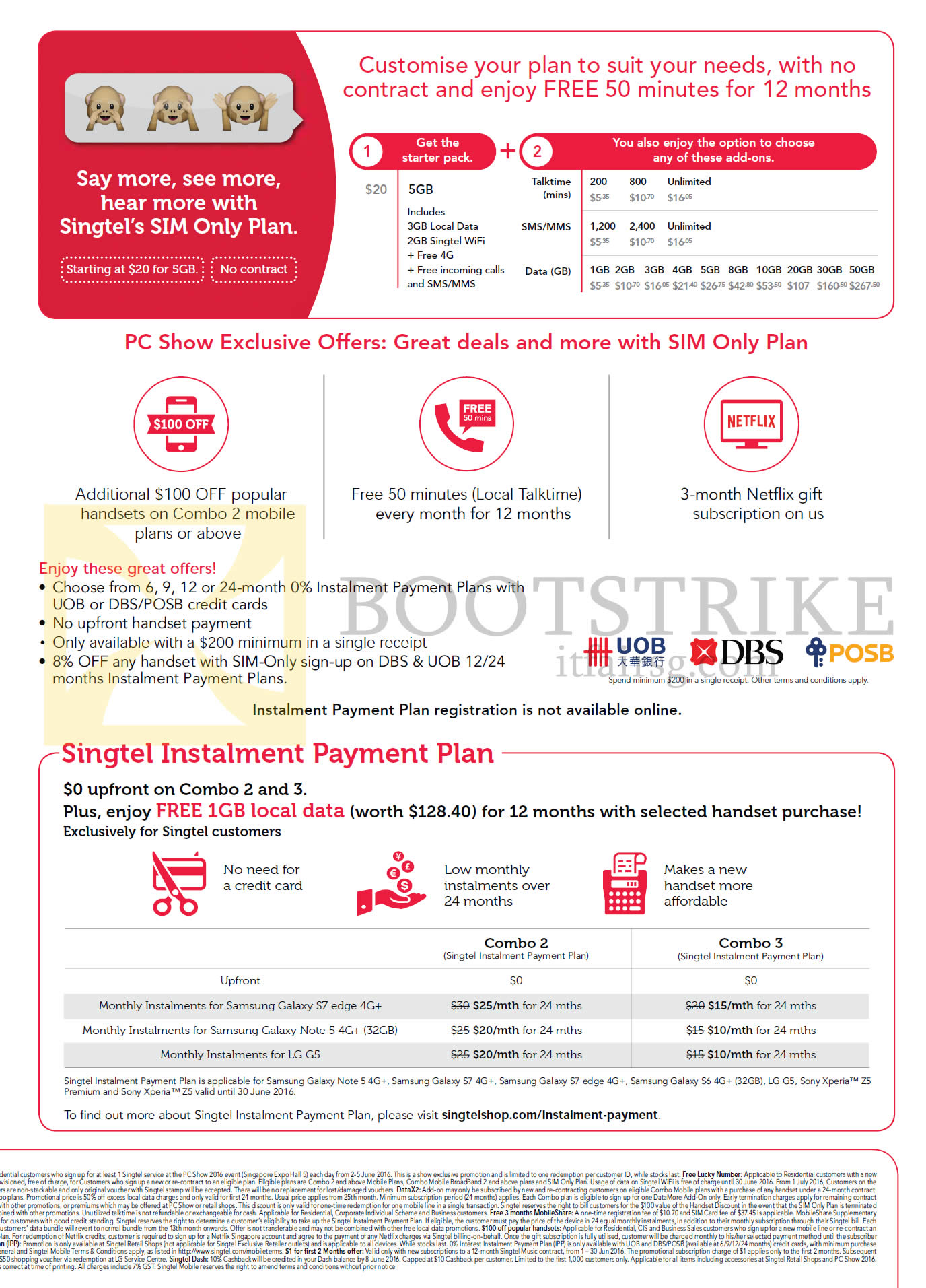 PC SHOW 2016 price list image brochure of Singtel Mobile SIM Only Plans, Instalment Payment Plans, Combo 2, 3