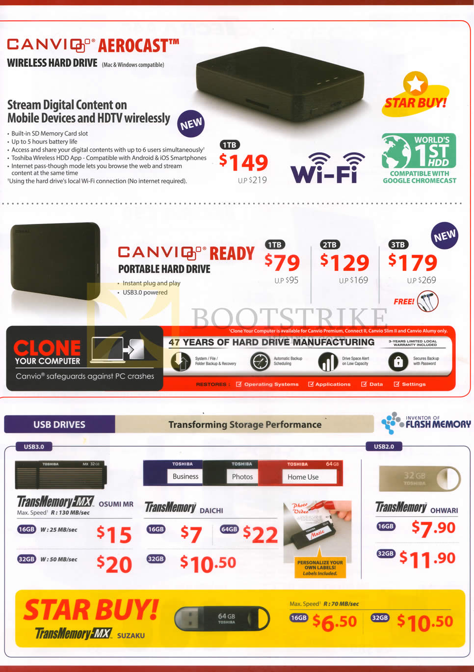 PC SHOW 2016 price list image brochure of Toshiba Hard Drives, USB Drives Canvio Aerocast, Ready, TransMemory MX Osumi Mr, TransMemory Daichi, Ohwari, MX Suzaku