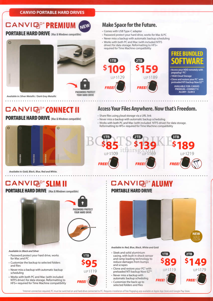 PC SHOW 2016 price list image brochure of Toshiba Portable Hard Drives Canvio Premium, Canvio Connect II, Canviq Slim II, Canvio Alumy, 1TB 2TB 3TB