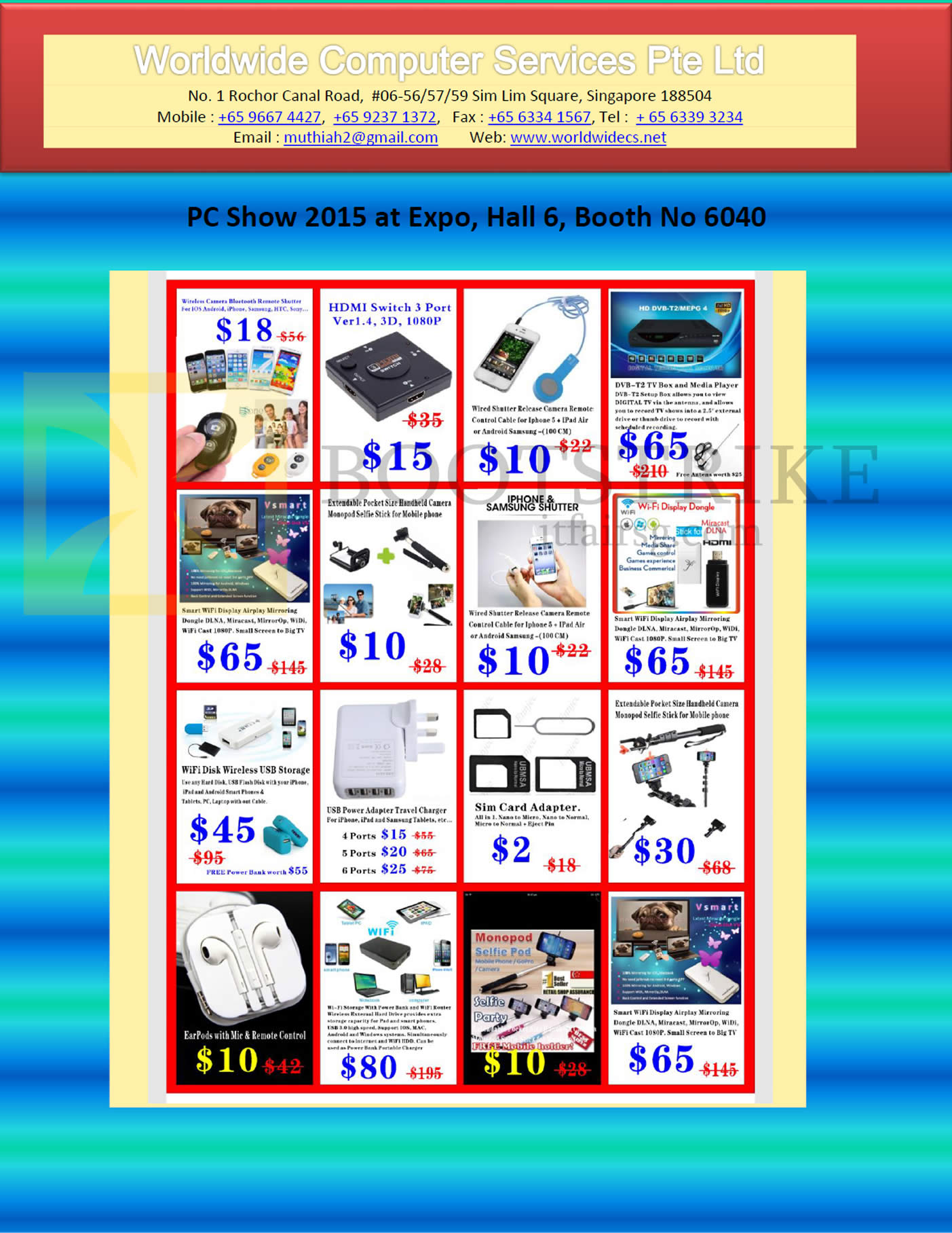 PC SHOW 2016 price list image brochure of Worldwide Computer Services Accessores HDMI Switch 3 Port, DVB-T2 TV Box, Iphone Shutter, Sim Card Adapter, Wifi Disk Wireless USB Storage, Wifi Display Dongle