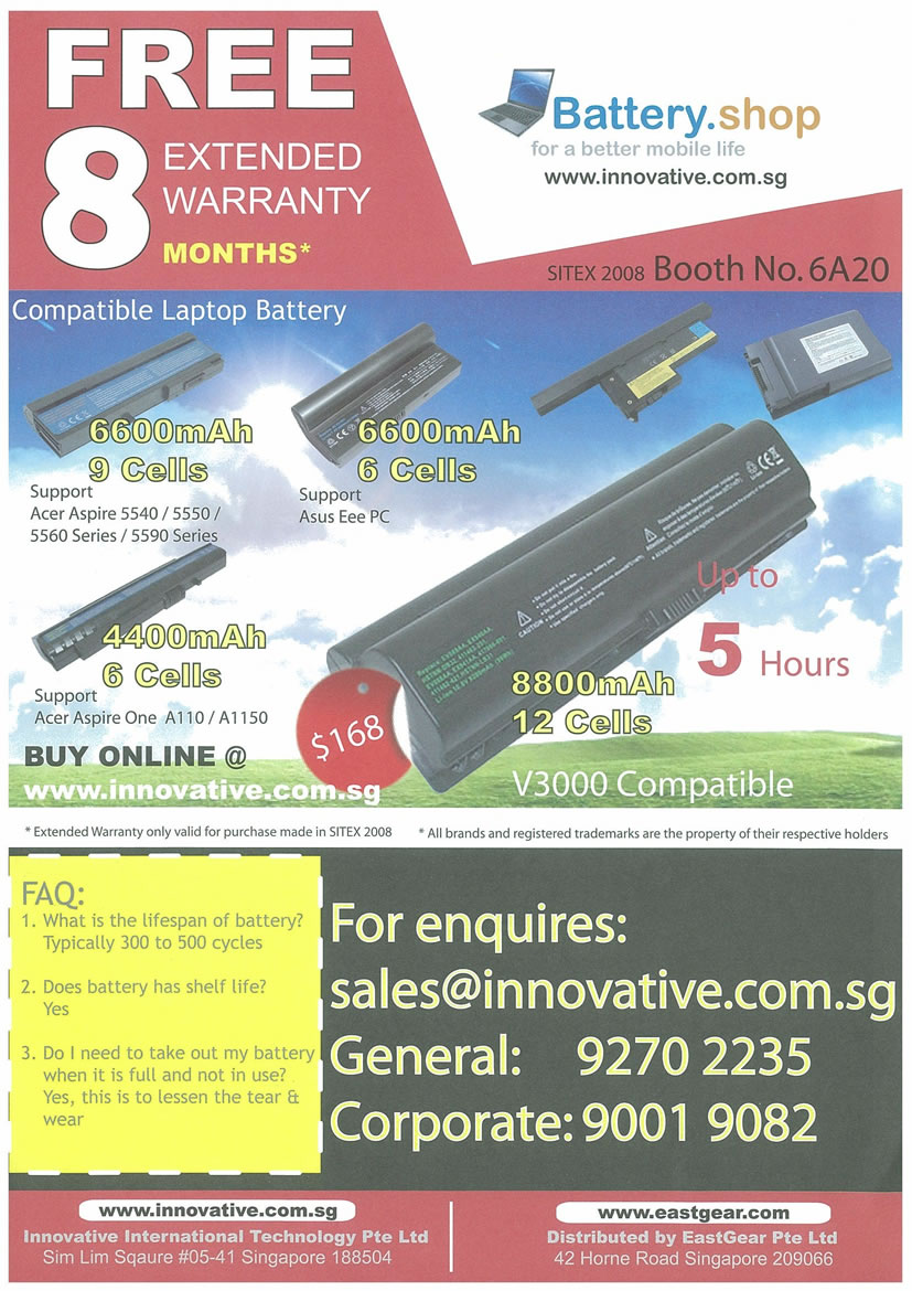 Sitex 2008 price list image brochure of Battery Shop Laptop Batteries - Vr-zone Tclong