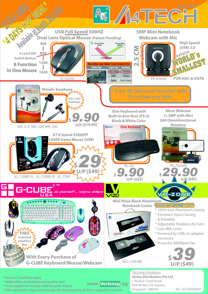 Sitex 2008 price list image brochure of A4 Tech Vertex Leaflet