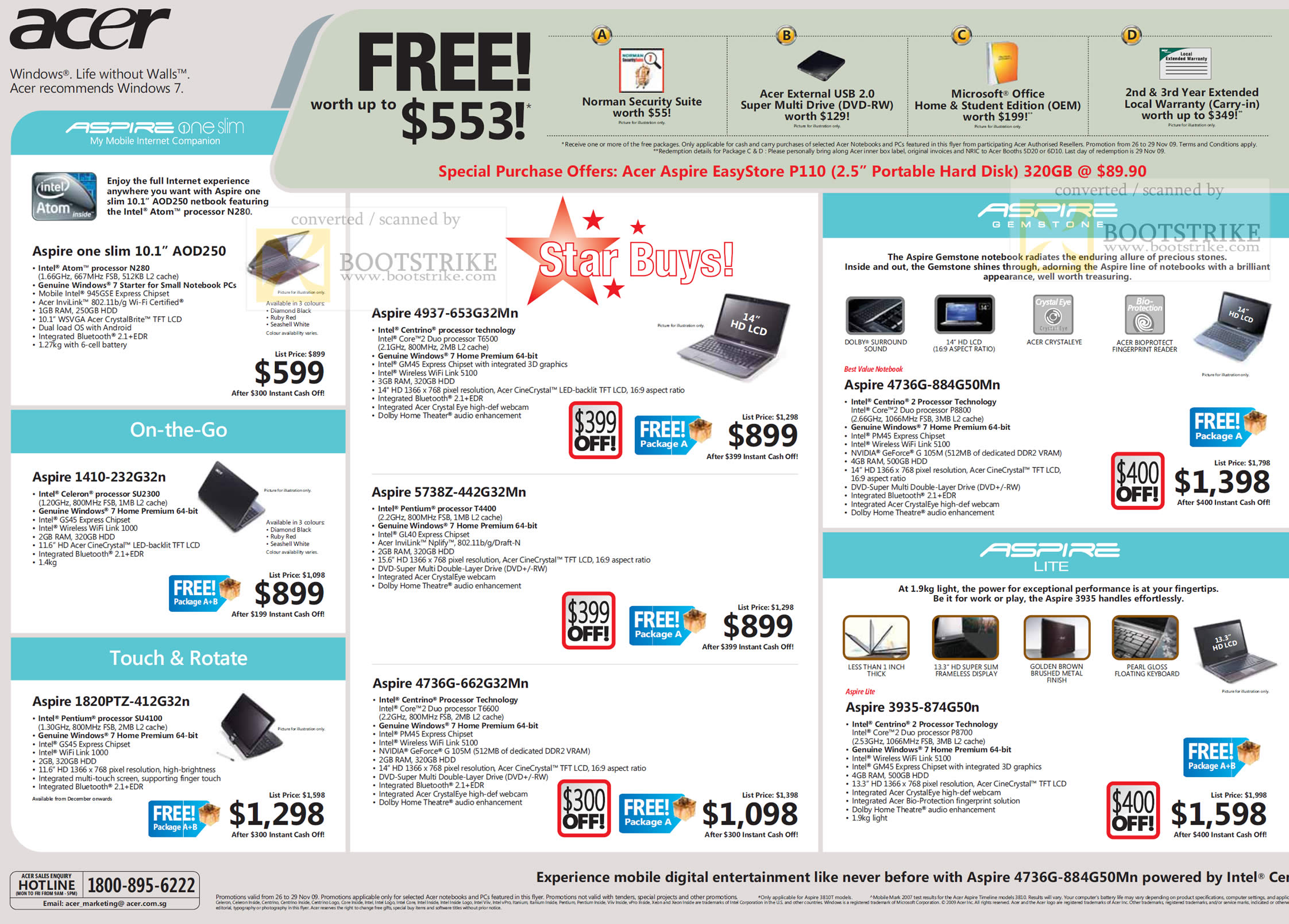 Sitex 2009 price list image brochure of Acer Aspire One Slim Touch Rotate Lite Gemstone EasyStore Notebooks