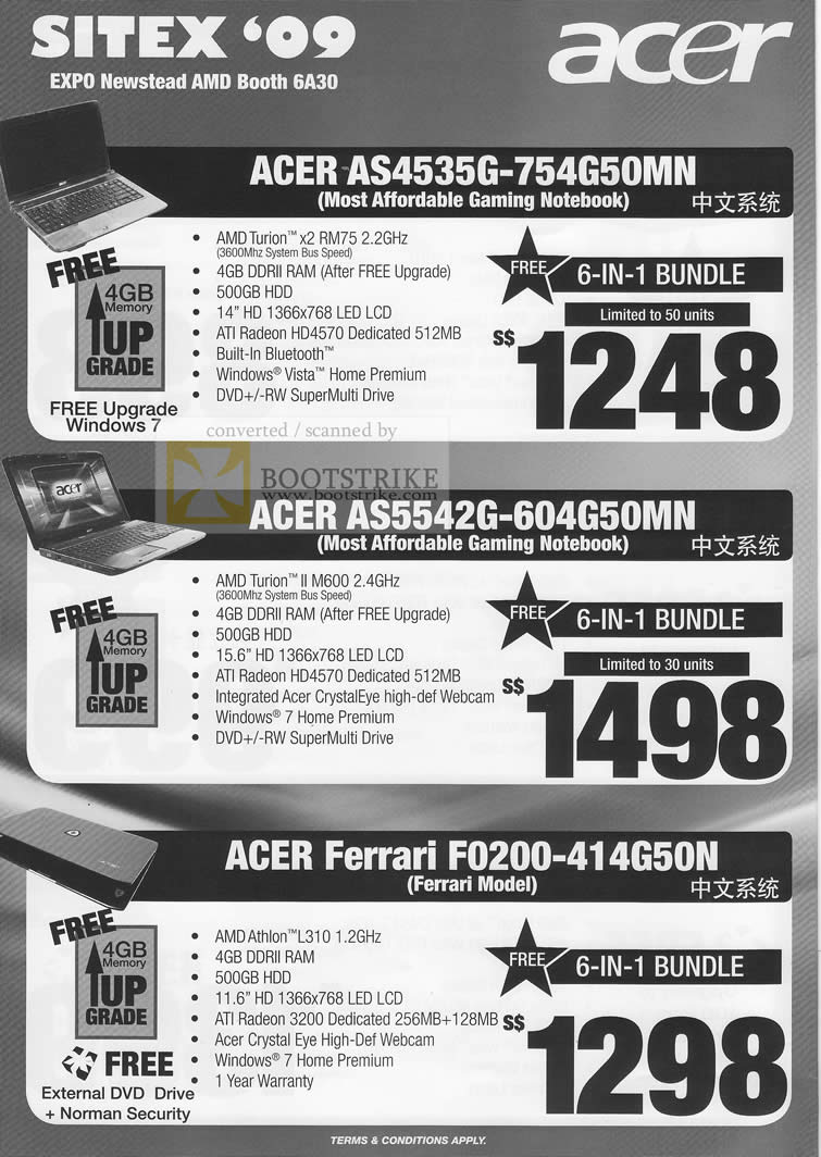 Sitex 2009 price list image brochure of Acer Notebooks AS4535G AS5542G Ferrari F0200 Newstead