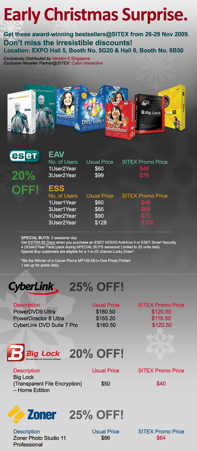 Sitex 2009 price list image brochure of Cylon Eset Anti Virus Smart Security Cyberlink PowerDVD Big Lock Zoner