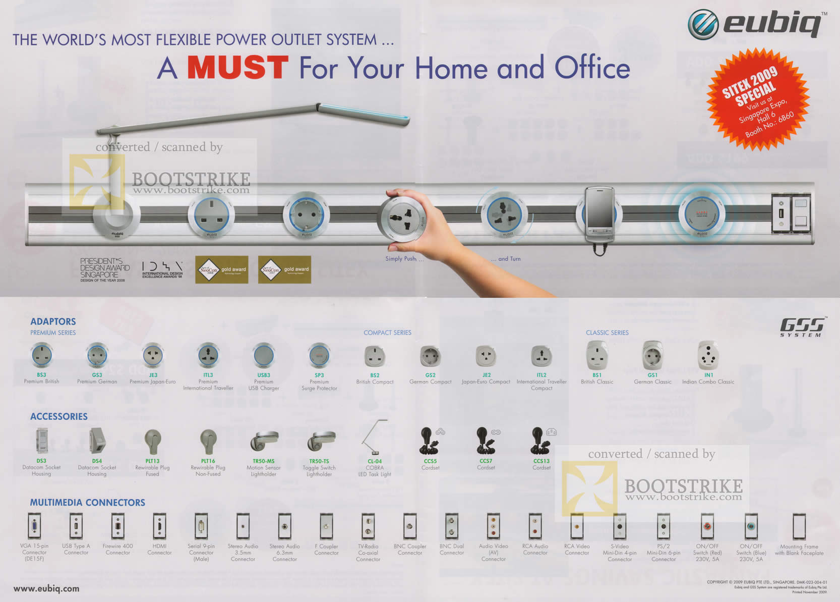 Sitex 2009 price list image brochure of Eubiq Power Outlet System Adaptors Accessories Multimedia Connectors