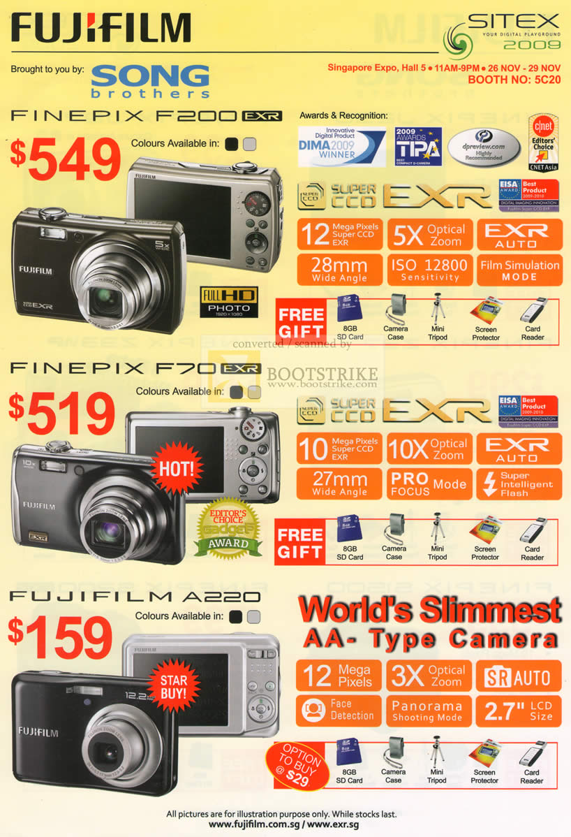 Sitex 2009 price list image brochure of FujiFilm Song Brothers FinePix F200 F70 A2200 Digital Cameras