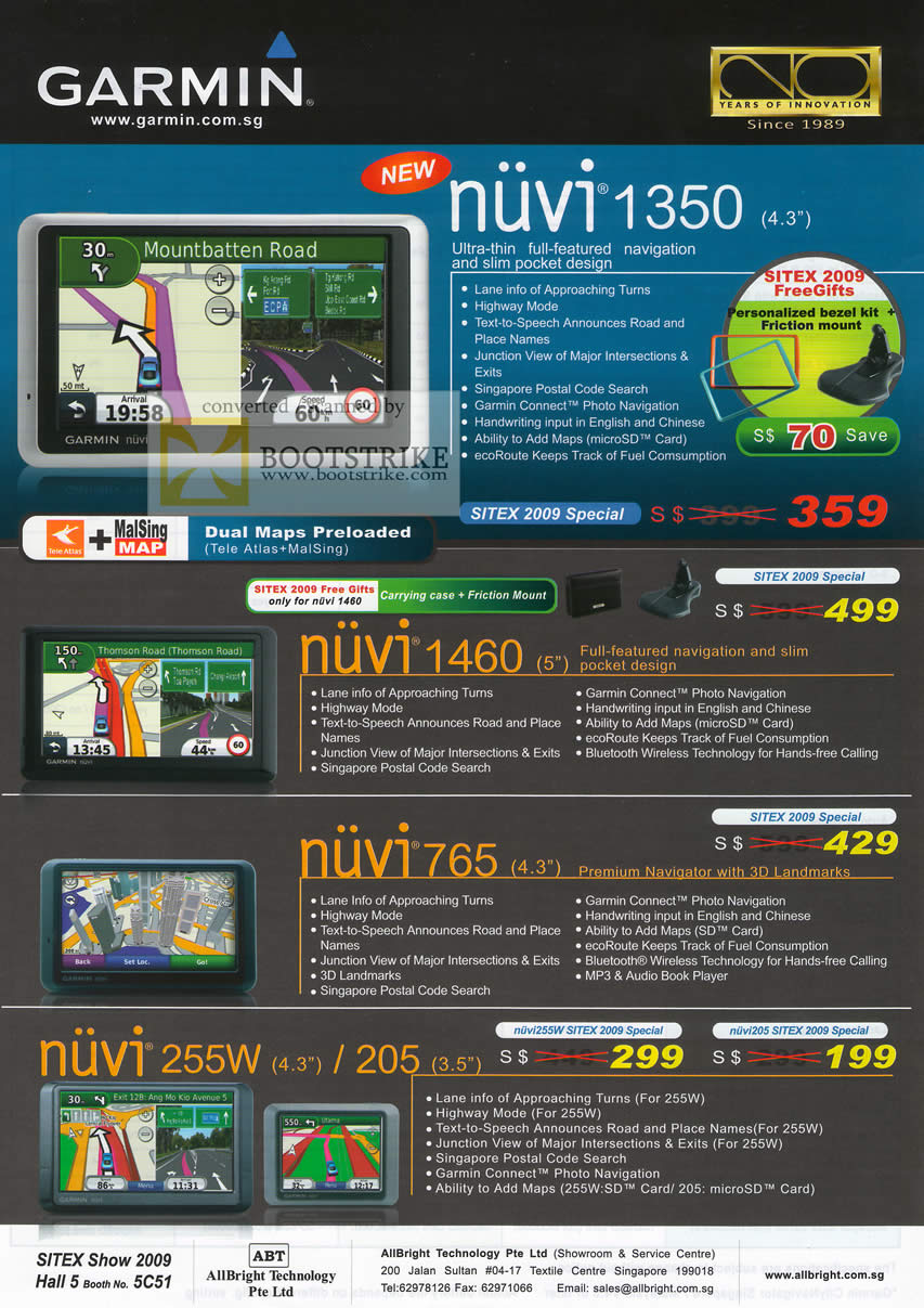 Sitex 2009 price list image brochure of Garmin Nuvi 1350 1460 765 255W 205 GPS Navigation AllBright Technology