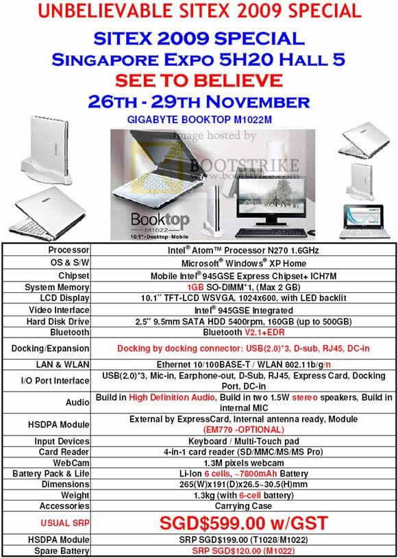 Sitex 2009 price list image brochure of Gigabyte Booktop M1022m