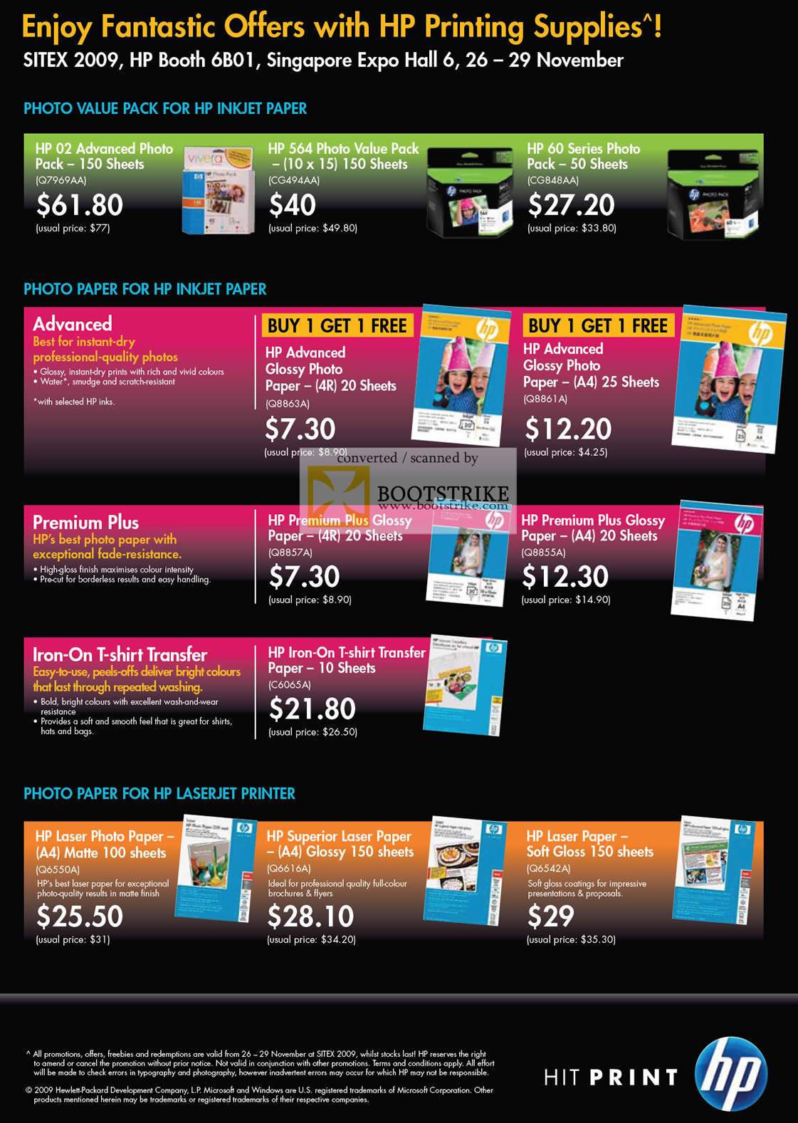 Sitex 2009 price list image brochure of HP Printing Supplies Photo Pack Paper Inkjet Paper Premium Iron On T Shirt