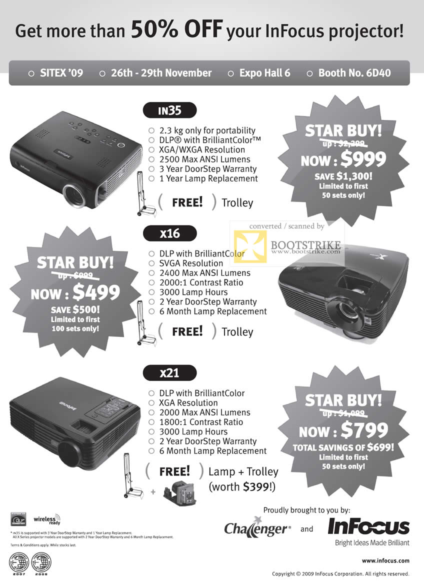 Sitex 2009 price list image brochure of InFocus Projectors IN35 X16 X21 Challenger