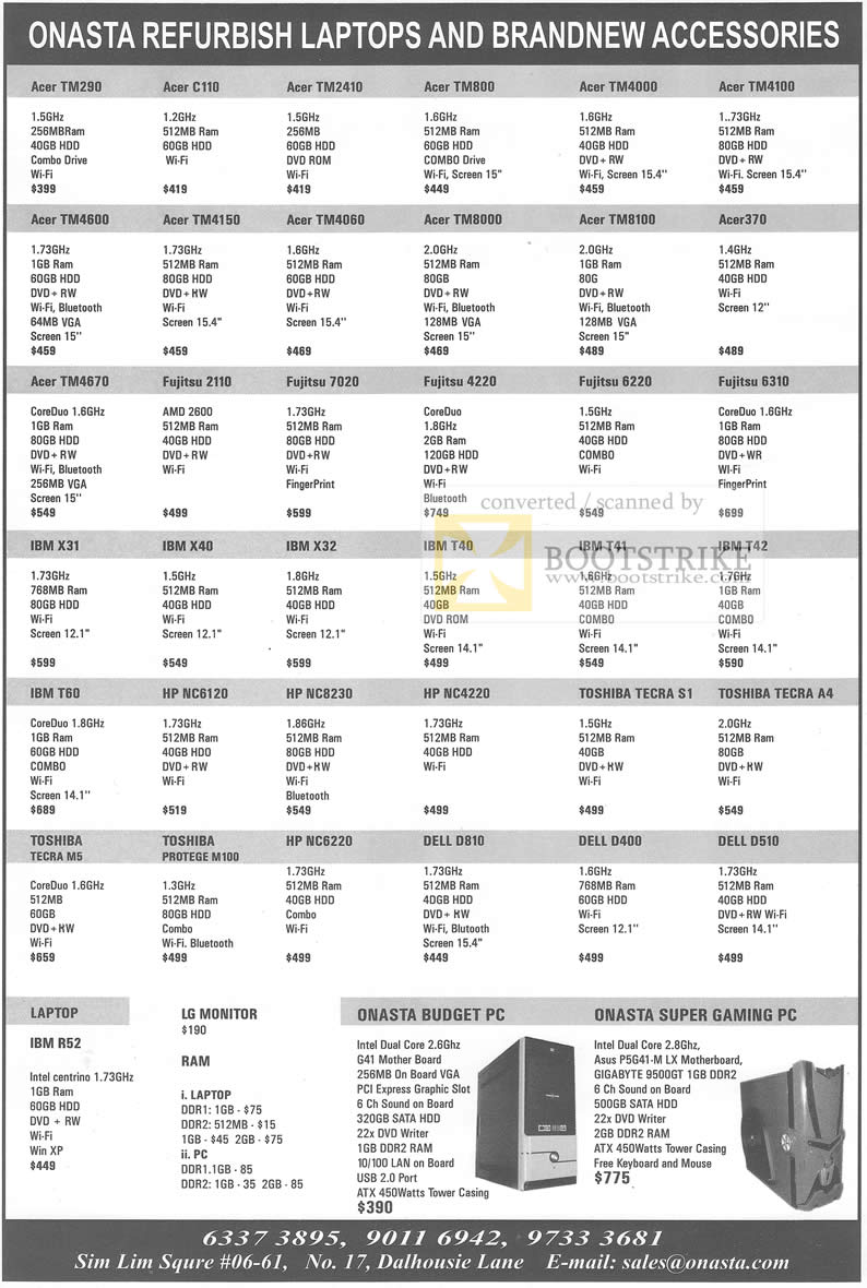 Sitex 2009 price list image brochure of Onasta Refurbished Laptops Accessories Acer Fujitsu IBM HP Toshiba Dell