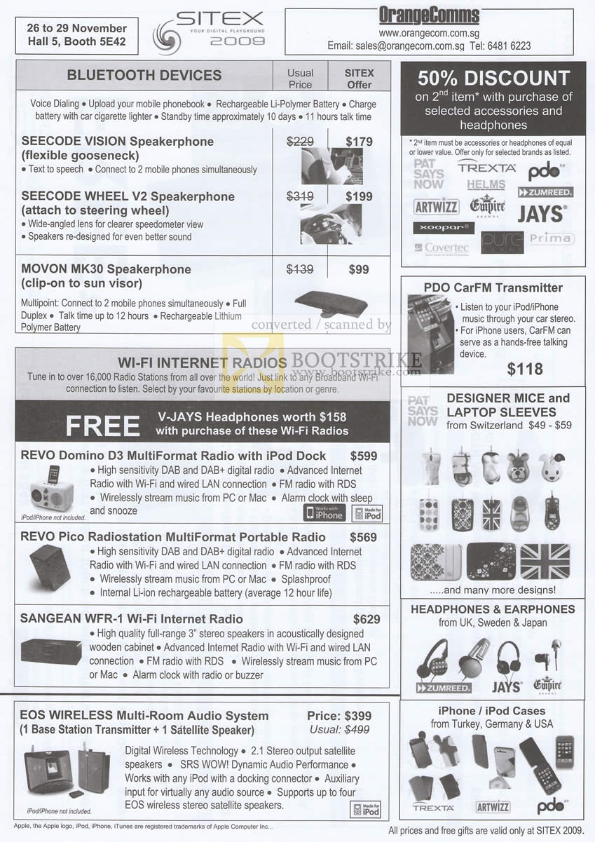 Sitex 2009 price list image brochure of OrangeComms Bluetooth Speakerphone Seecode Movon Wifi Internet Raido Revo Sangean