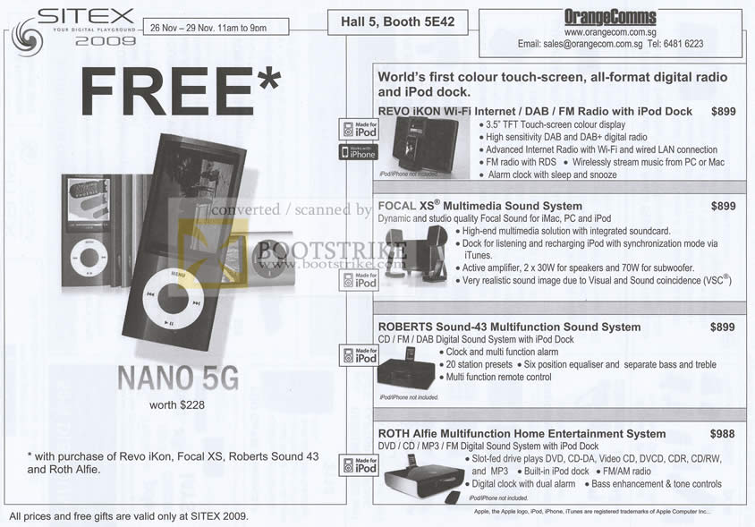 Sitex 2009 price list image brochure of OrangeComms IPod Dock Digital Radio Focal XS Sound System Roberts Roth Alfie