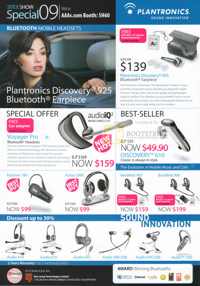 Sitex 2009 price list image brochure of Plantronics Bluetooth Headsets Discovery Explorer Pulsar Backbeat Voyager Pro